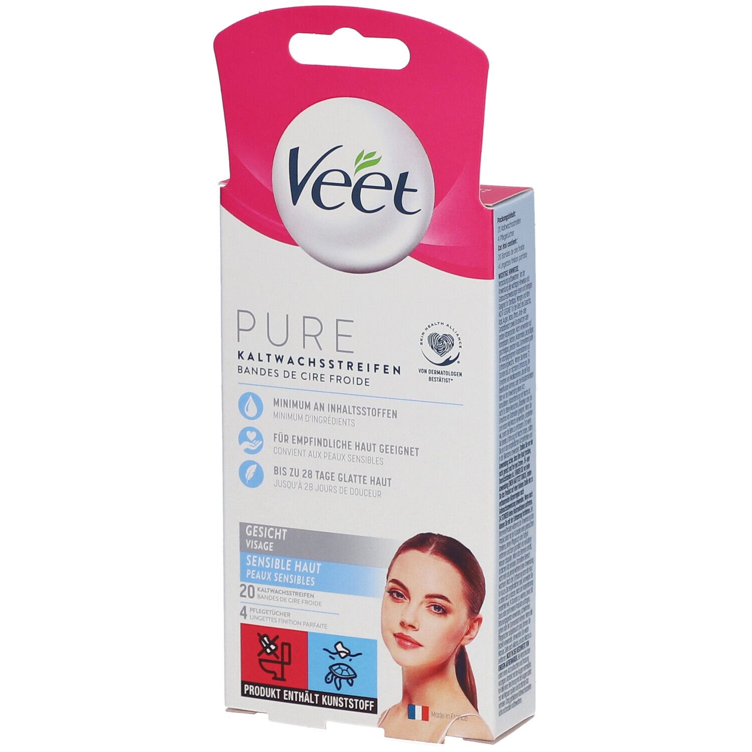 Veet Pure bandes de cire froide visage. Emballage avec image du produit et informations. Pour peaux sensibles.