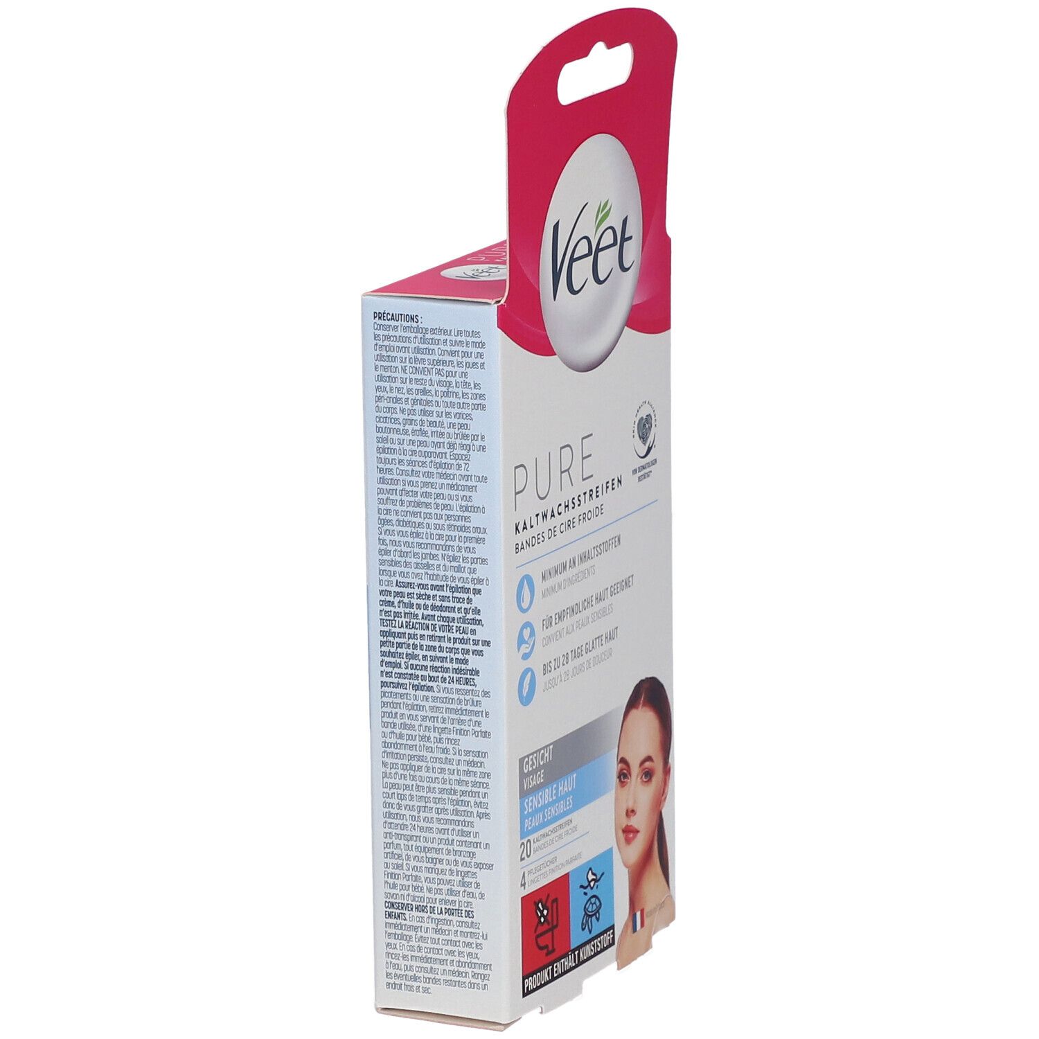 Veet Pure bandes de cire froide visage. Vue latérale de l'emballage avec informations et texte. Pour peaux sensibles.