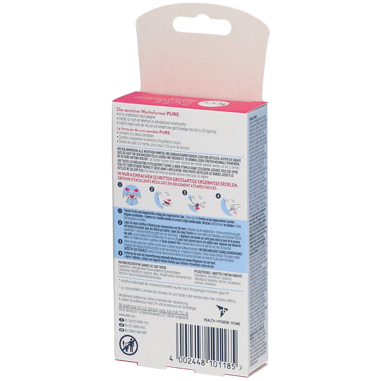 Veet Pure bandes de cire froide visage. Dos de l'emballage avec informations et instructions d'utilisation.