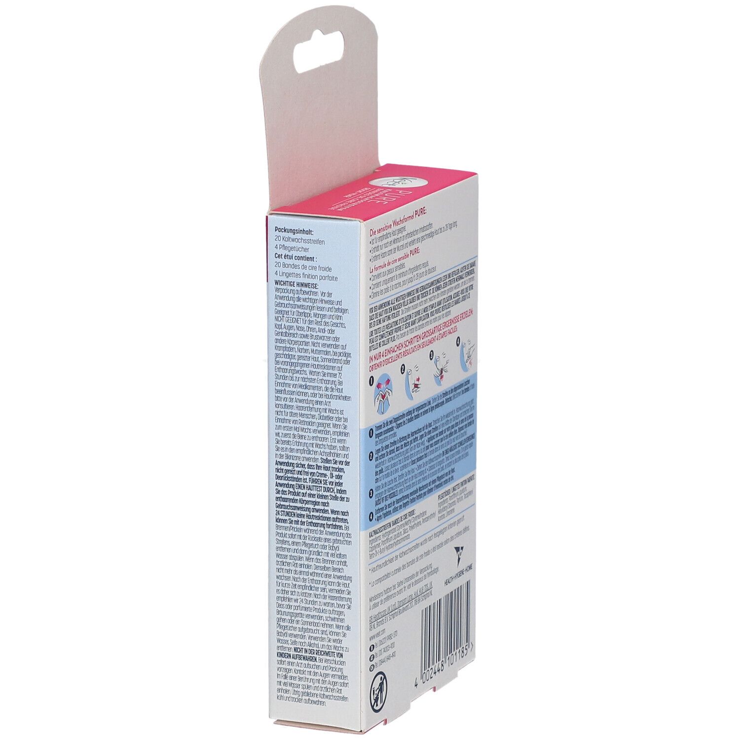 Veet Pure bandes de cire froide visage. Vue latérale de l'emballage avec informations et instructions d'utilisation.