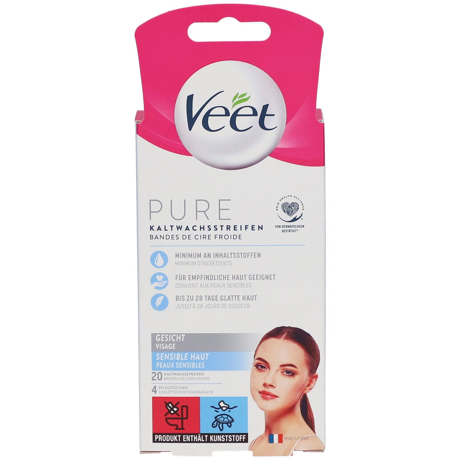 Veet Pure bandes de cire froide visage. Emballage avec image du produit et informations. Pour peaux sensibles.