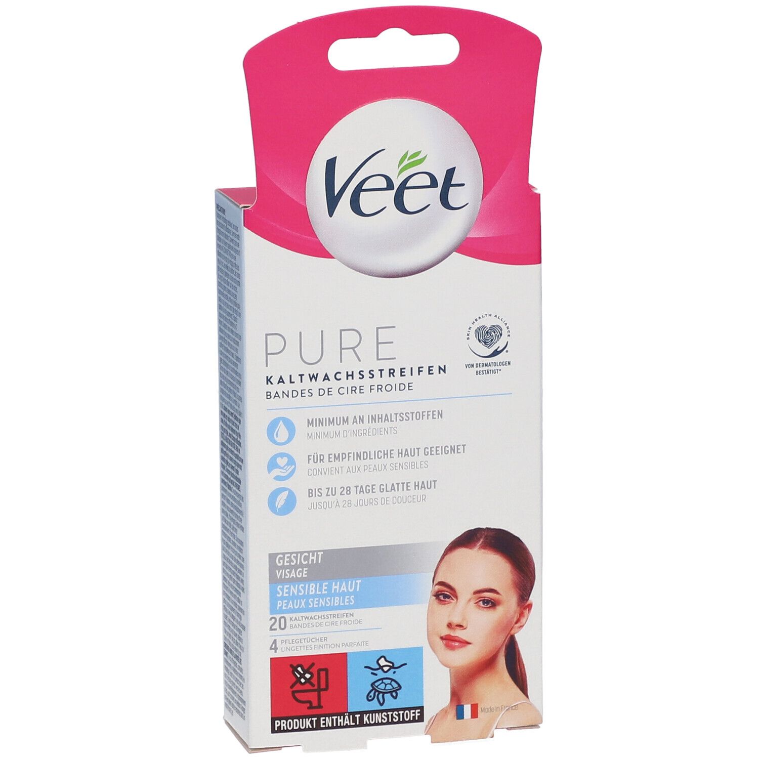 Veet Pure bandes de cire froide visage. Emballage avec image du produit et informations. Pour peaux sensibles.