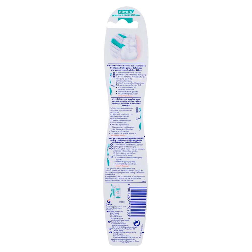 Dos de l'emballage. Texte et illustrations sur la brosse à dents. Nom du produit: elmex Sensitive Professional.