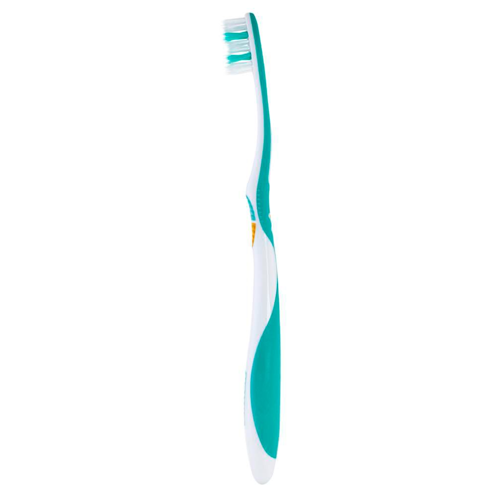 Brosse à dents, vue latérale. Manche vert transparent, tête blanche. Forme incurvée.
