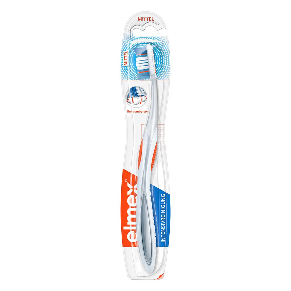 Brosse à dents avec poils bleus et blancs, en emballage. Inscription: elmex Intensivreinigung, Mittel.