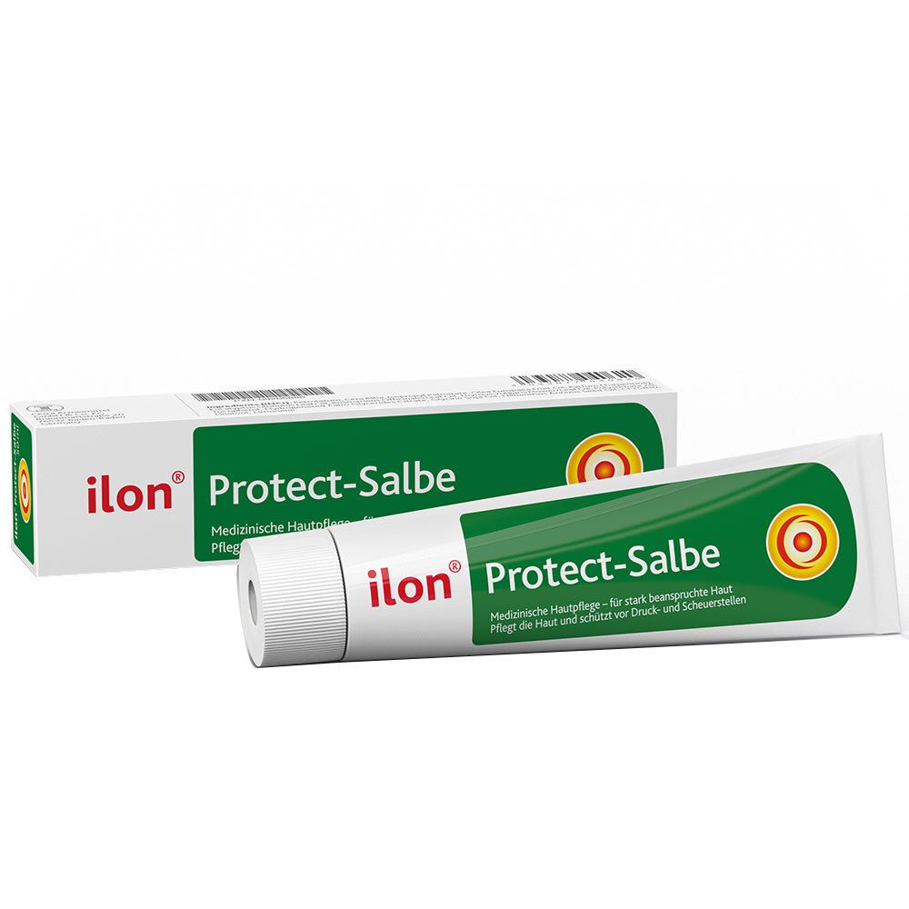 Tube et boîte ilon Protect-Salbe. Design vert et blanc. Soin médical de la peau.