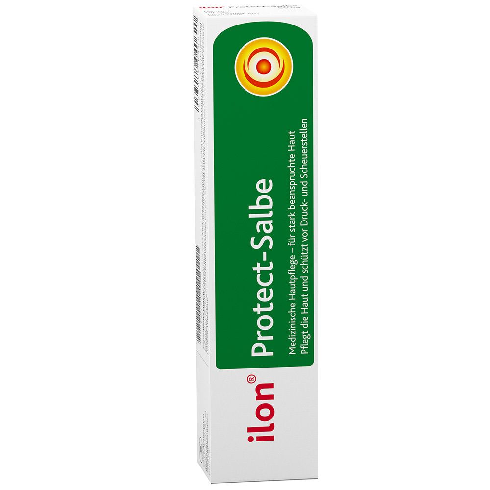 Boîte ilon Protect-Salbe. Design vert et blanc. Soin médical pour peau stressée.