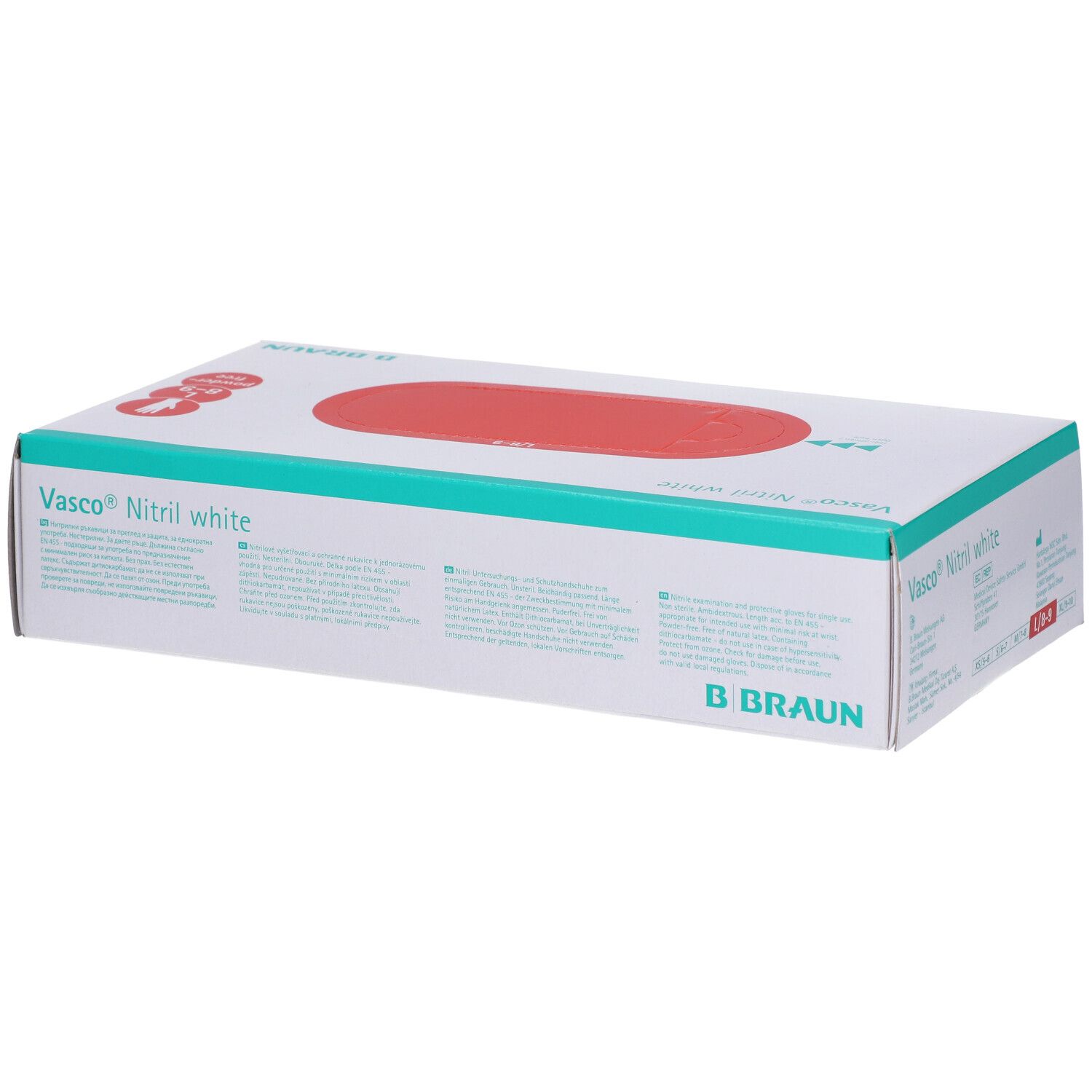 Boîte blanche avec couvercle rouge. Inscription : Vasco Nitril white. Logo B. Braun. Texte en plusieurs langues.