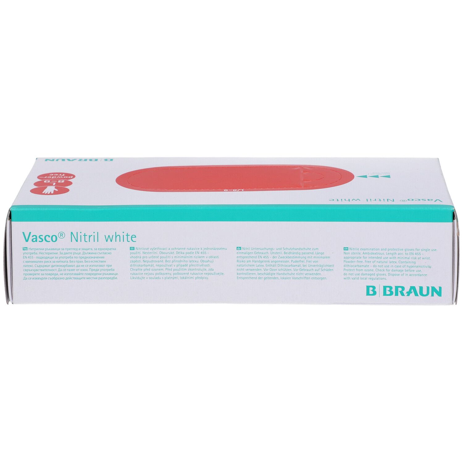 Boîte blanche avec couvercle rouge. Inscription : Vasco Nitril white. Logo B. Braun. Texte en plusieurs langues.