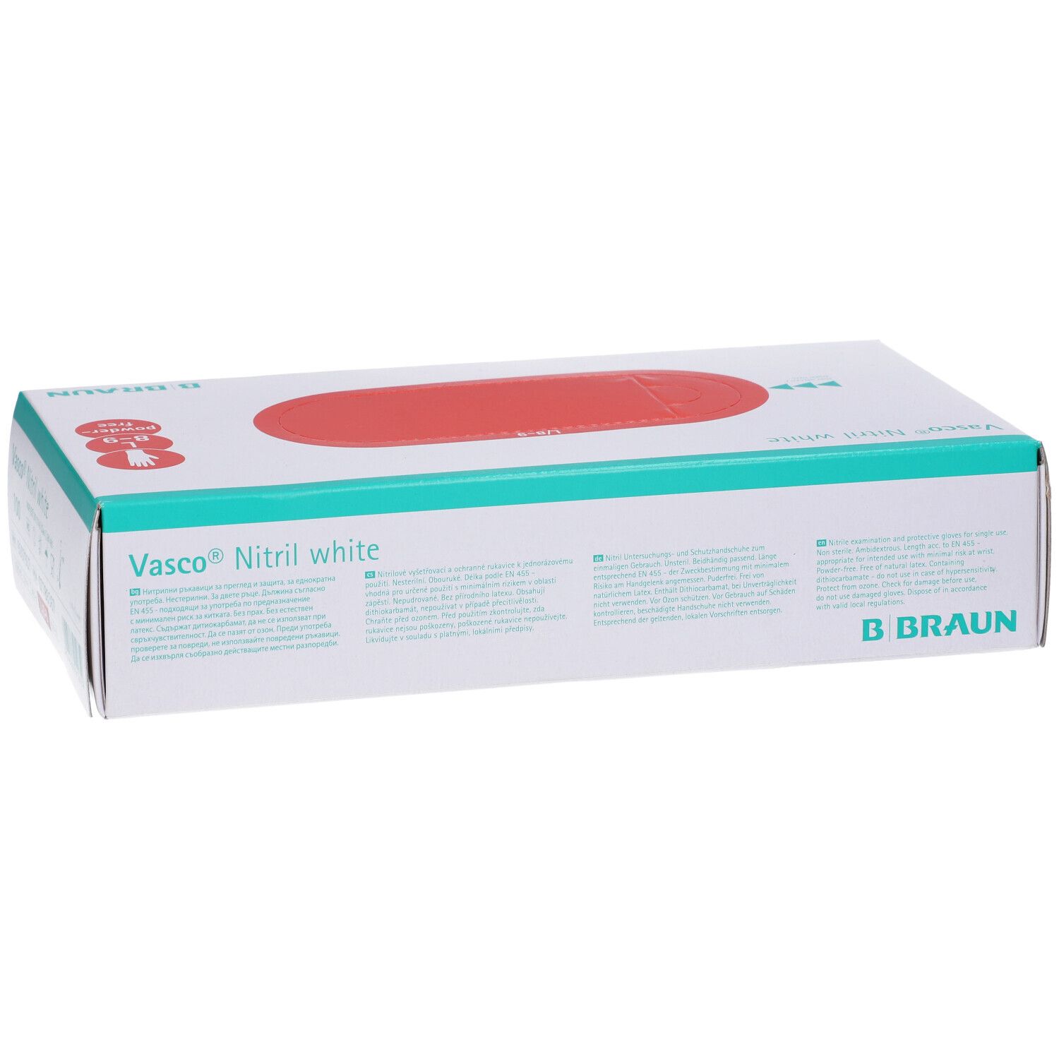 Boîte blanche avec couvercle rouge. Inscription : Vasco Nitril white. Logo B. Braun. Texte en plusieurs langues.