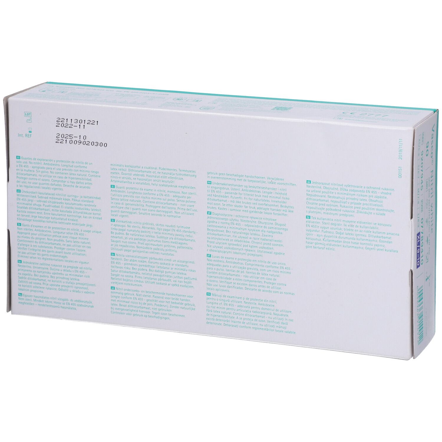 Dos de la boîte de gants d'examen Vasco® Nitril white XL. Texte multilingue. Informations fabricant et durée de conservation.