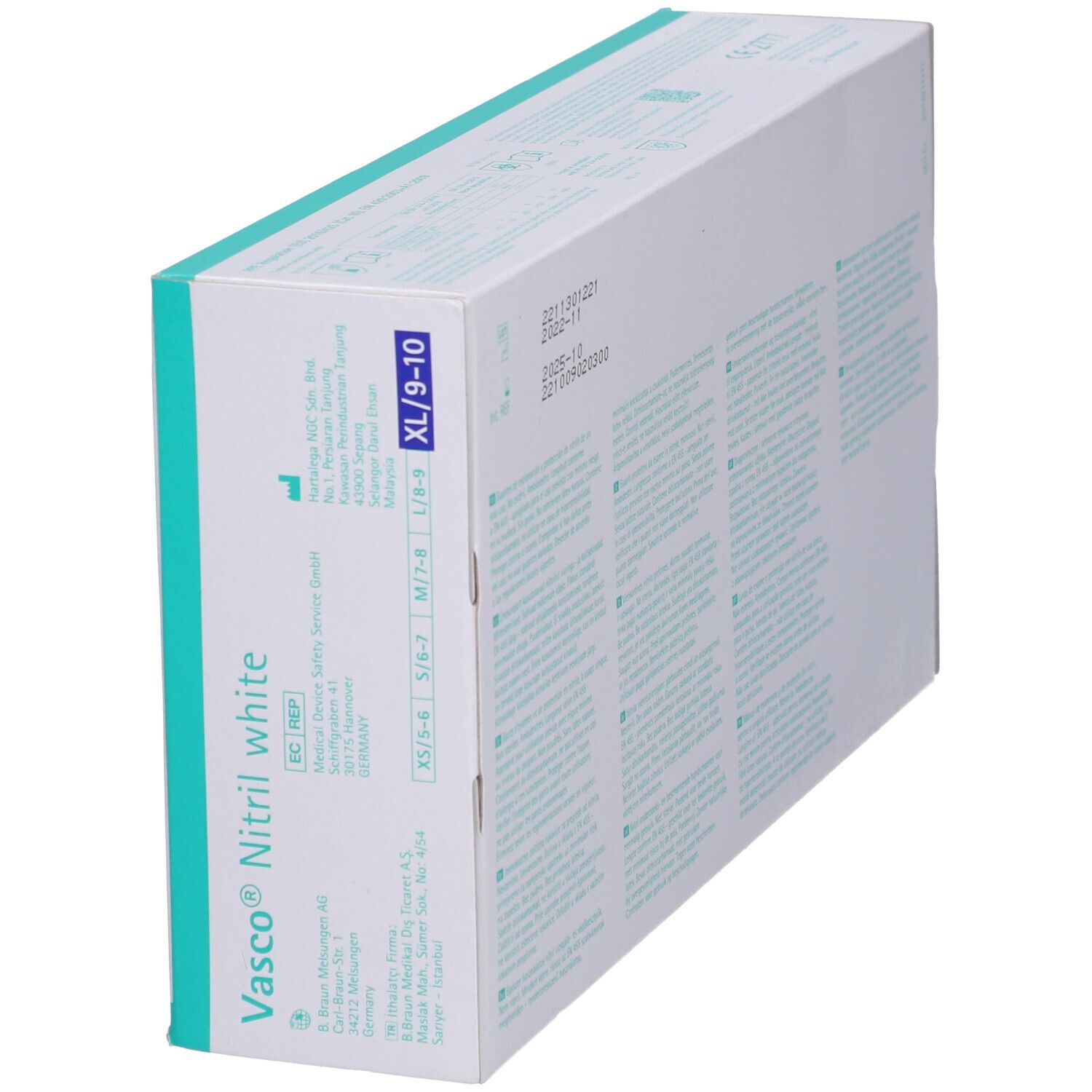 Vue latérale de la boîte de gants d'examen Vasco® Nitril white XL. Indications de taille, texte et informations fabricant.