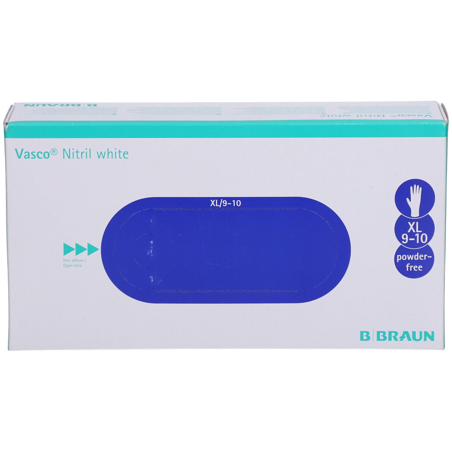 Boîte de gants d'examen Vasco® Nitril white XL. Ouverture ovale bleue, taille XL/9-10, pictogramme main, sans poudre. Marque B. Braun.