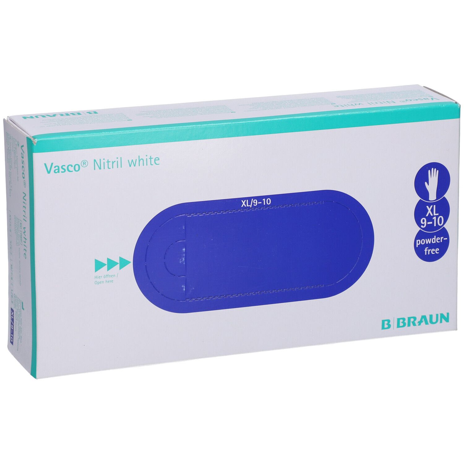 Boîte de gants d'examen Vasco® Nitril white XL. Ouverture ovale bleue, taille XL/9-10, pictogramme main, sans poudre. Marque B. Braun.