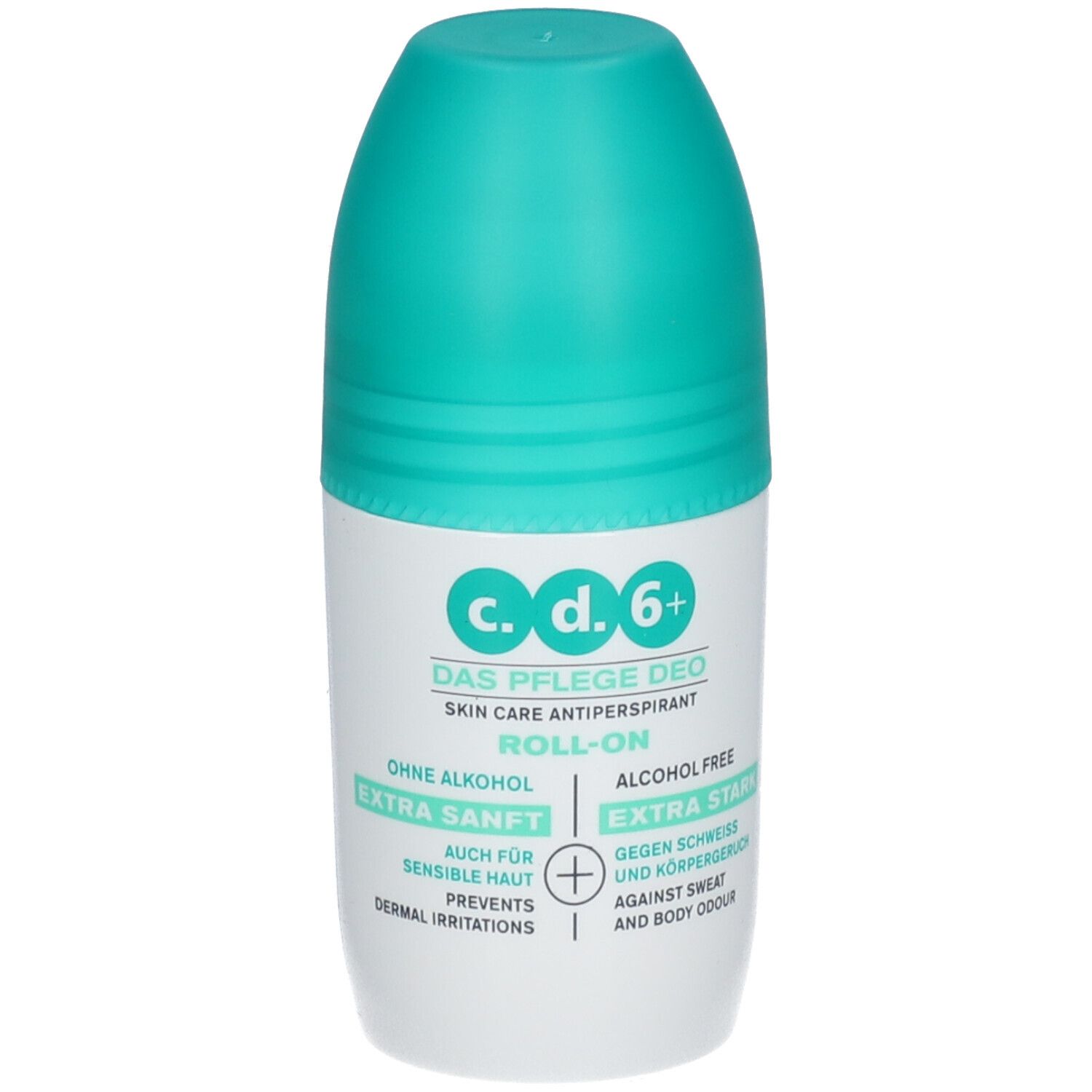 Déodorant roll-on c.d.6+ avec bouchon turquoise. Inscription : Sans alcool, Extra doux, Extra fort. Prévient les irritations cutanées.