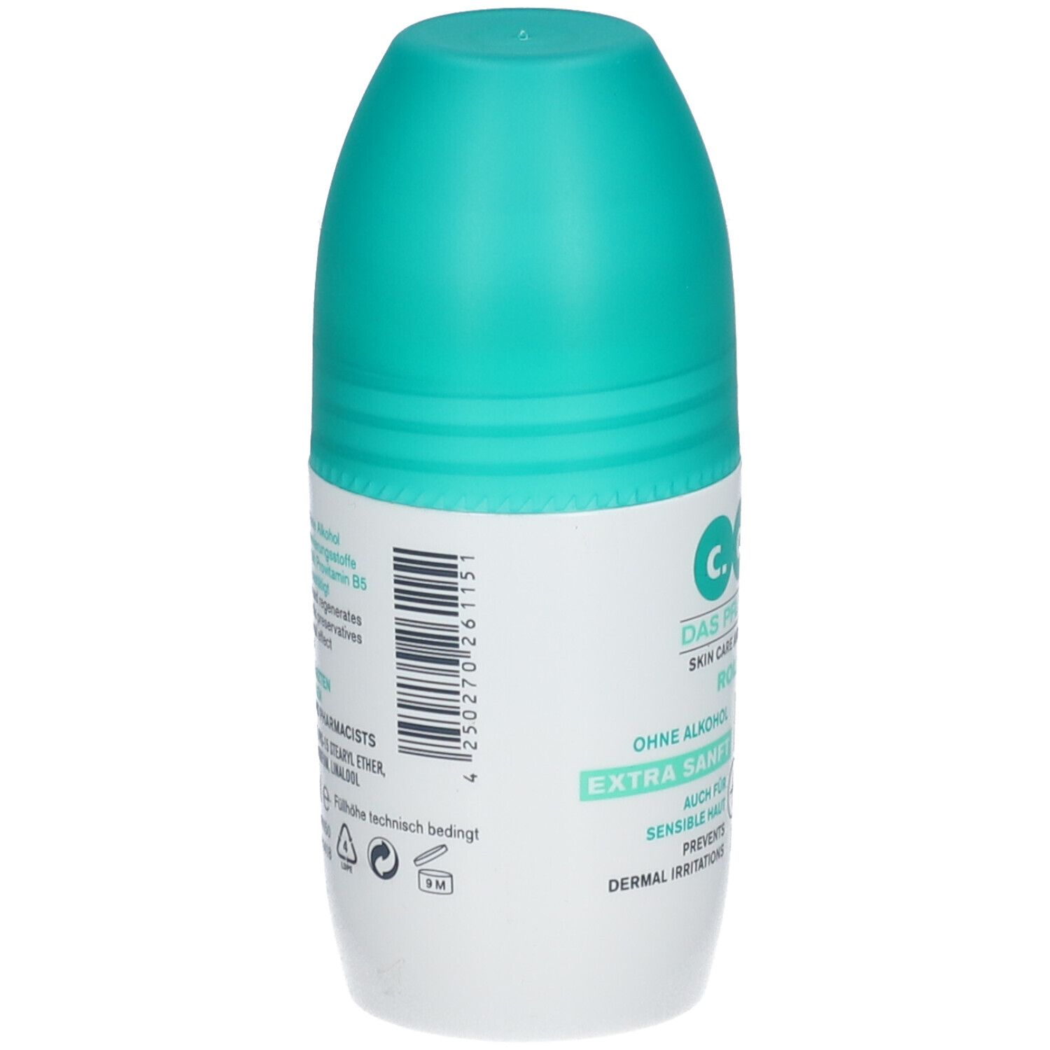 Dos du roll-on c.d.6+. Code-barres et texte : Sans alcool, Extra doux, Aussi pour peaux sensibles. Testé dermatologiquement.