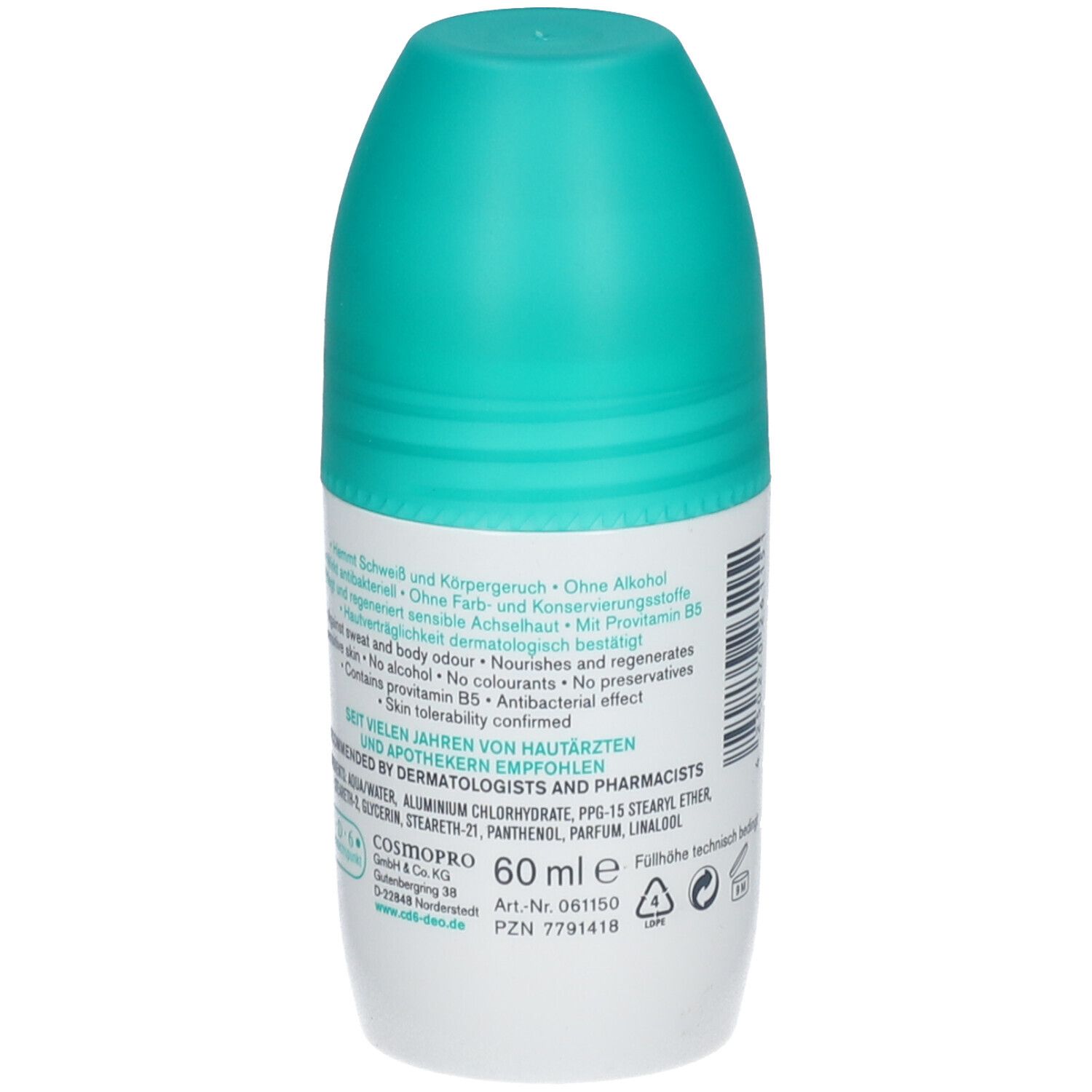 Dos du roll-on c.d.6+. Texte : Sans alcool, Sans colorants ni conservateurs. Testé dermatologiquement. 60 ml.