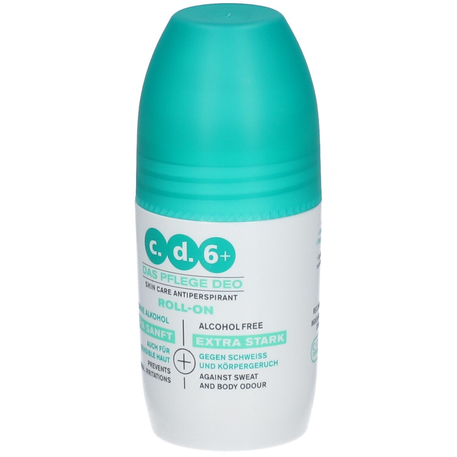 Déodorant roll-on c.d.6+ avec bouchon turquoise. Inscription : Sans alcool, Extra doux, Extra fort. Prévient les irritations cutanées.