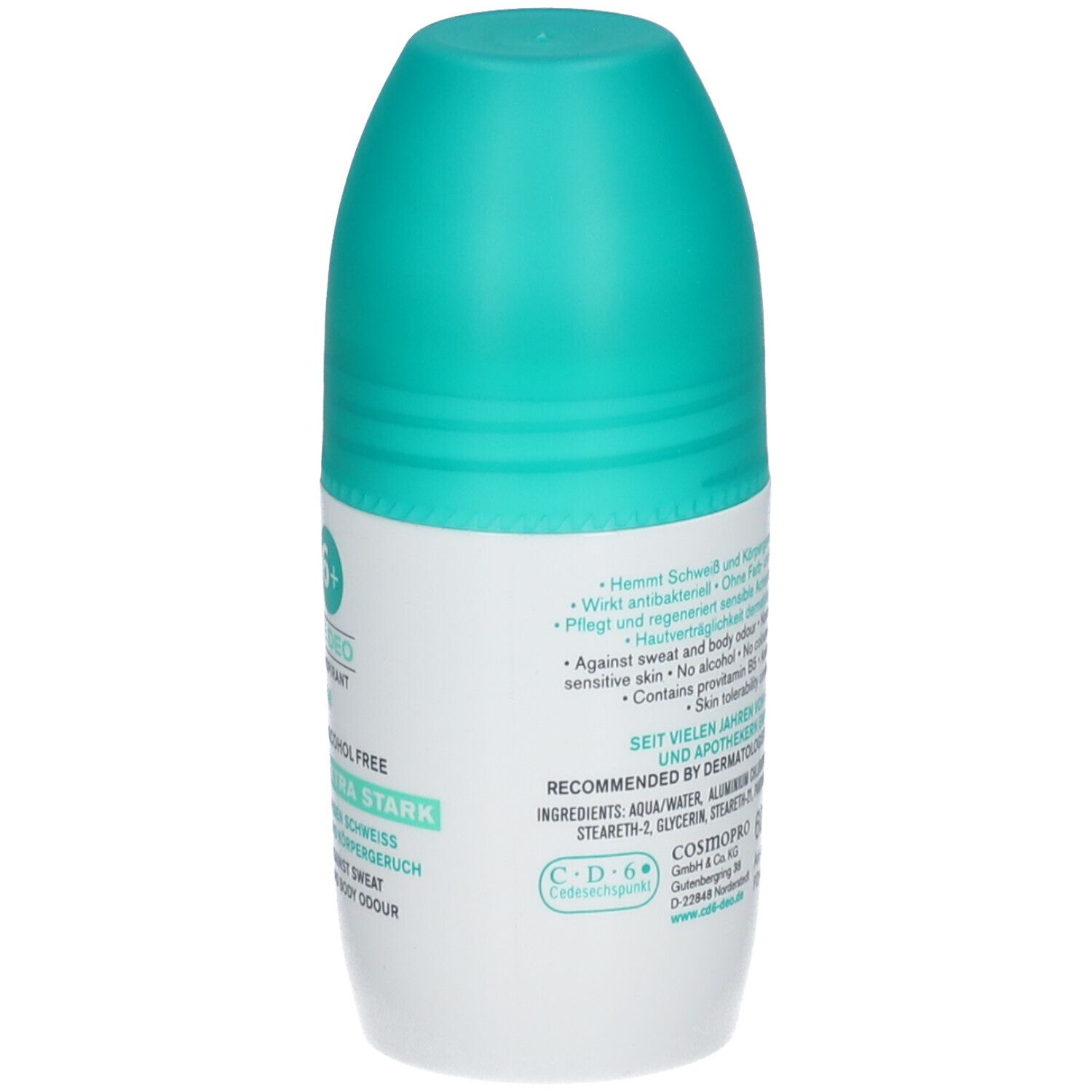 Dos du roll-on c.d.6+. Texte : Sans alcool, Extra doux, Contre la transpiration et les odeurs corporelles. Testé dermatologiquement.