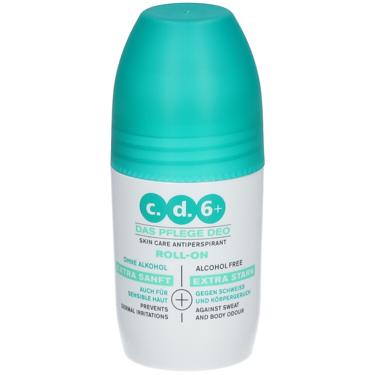 Déodorant roll-on c.d.6+ avec bouchon turquoise. Inscription : Sans alcool, Extra doux, Extra fort. Prévient les irritations cutanées.