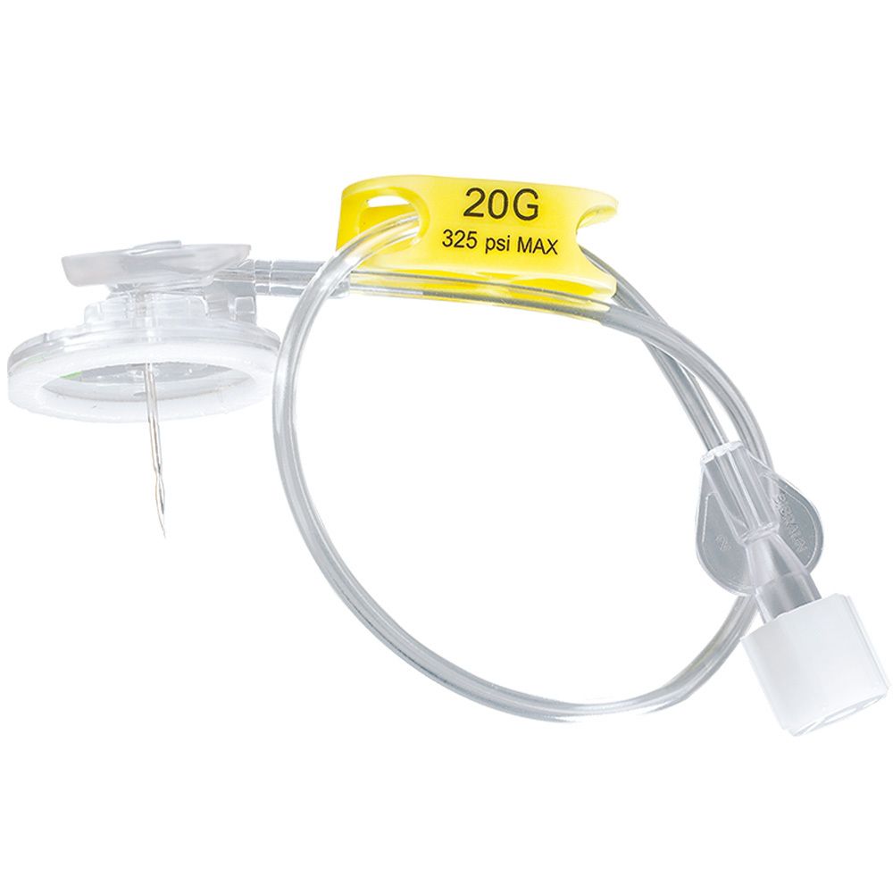 Aiguille médicale avec étiquette jaune. Inscription : 20G, 325 psi MAX. Tube transparent et connecteur.