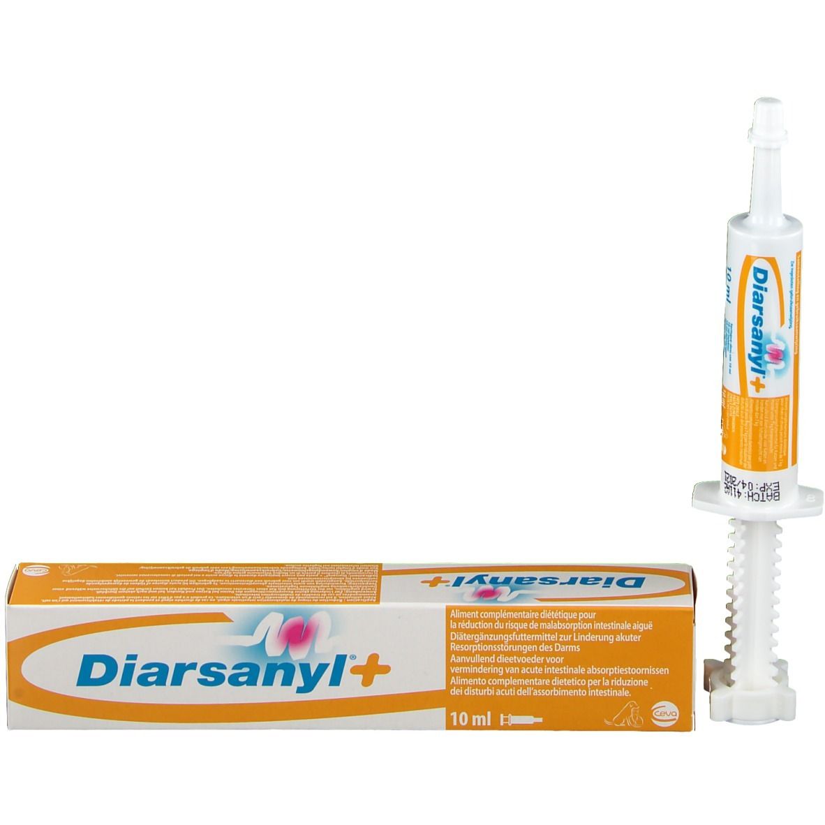 Emballage et seringue. Emballage avec inscription Diarsanyl+. Seringue avec étiquette orange.