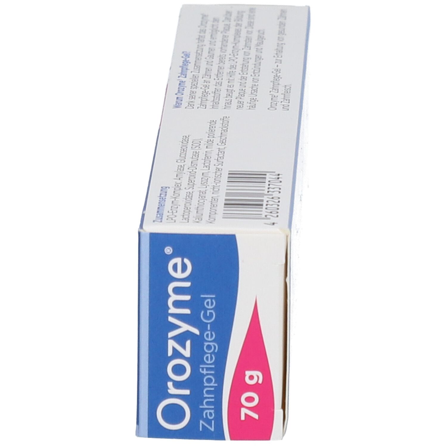 Côté de la boîte de gel. Texte multilingue. Logo du fabricant.