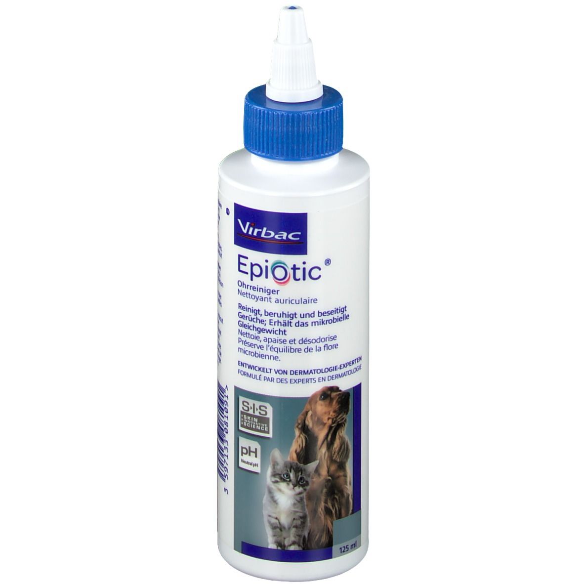 Flacon blanc avec bouchon bleu. Inscription Epi-Otic® et Virbac. Illustration chien et chat.