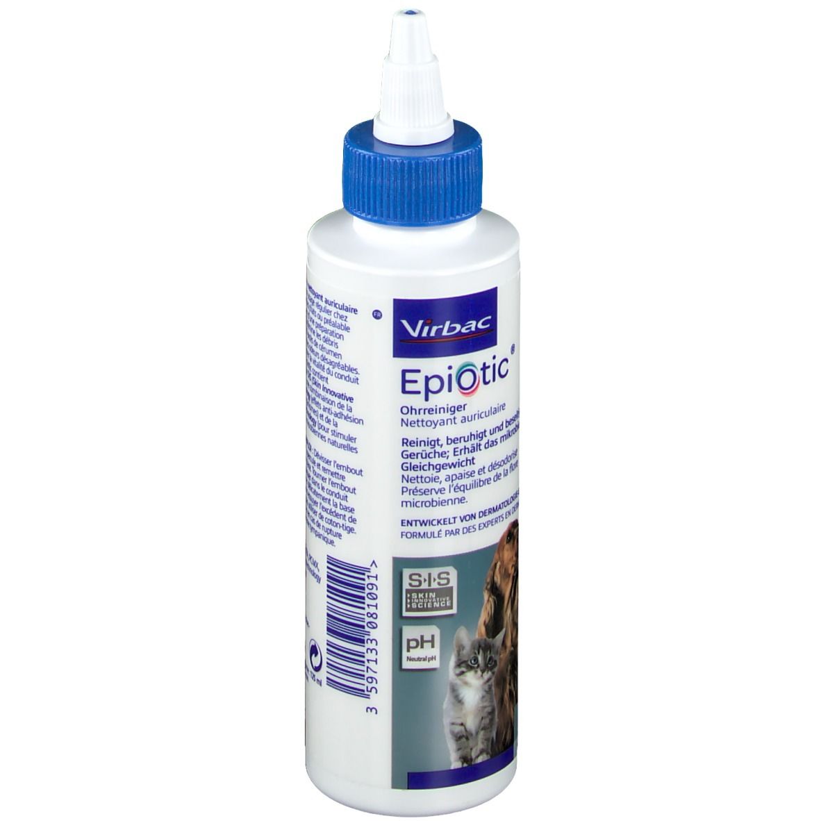 Flacon blanc avec bouchon bleu. Inscription Epi-Otic® et Virbac. Code-barres et texte.