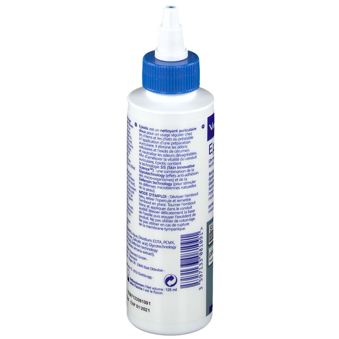 Flacon blanc avec bouchon bleu. Dos avec texte. Contient des informations et des ingrédients.