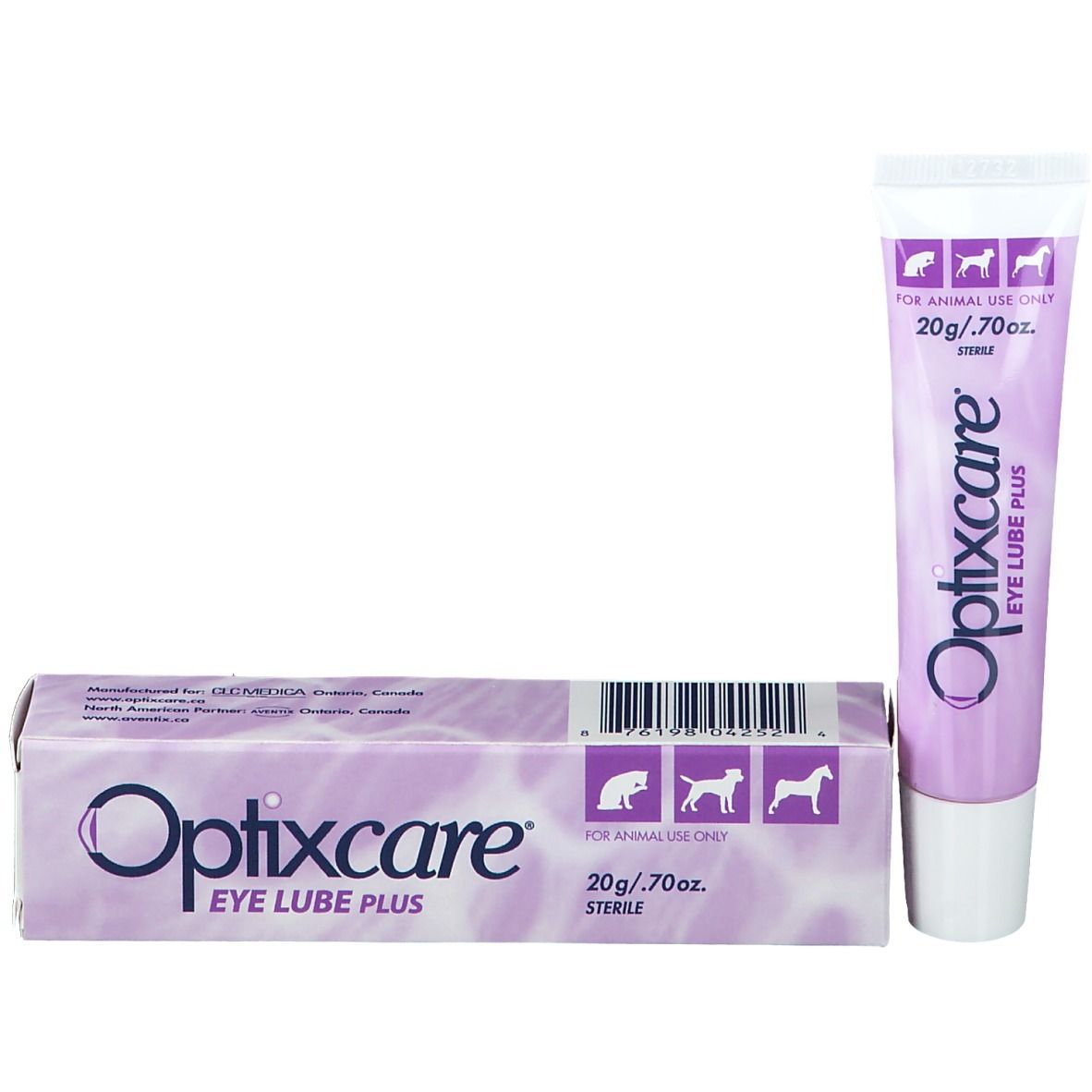 Tube et emballage Optixcare Eye Lube Plus. Tube et boîte avec informations sur le produit.