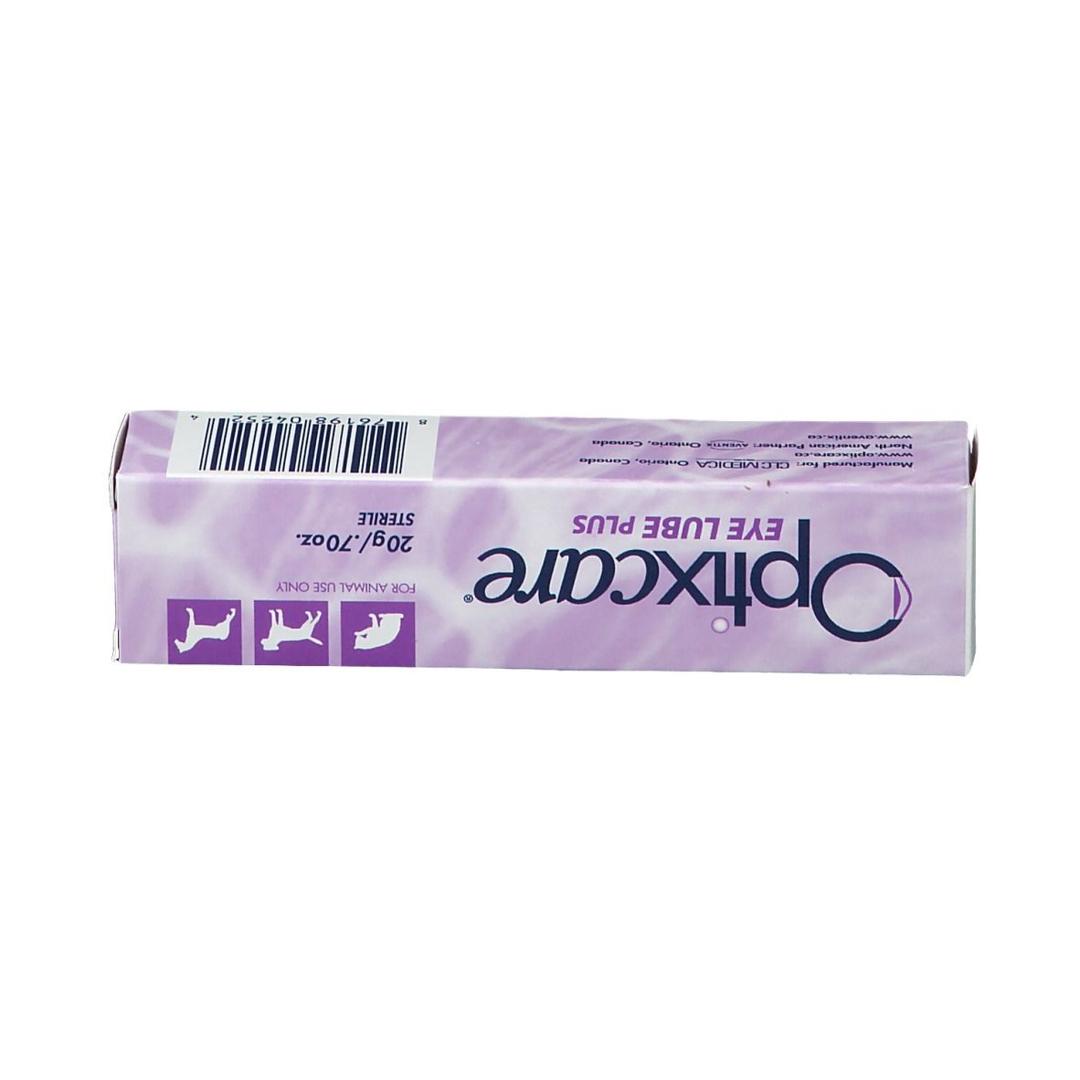 Dessous de l'emballage Optixcare Eye Lube Plus. Informations sur le produit et logo.