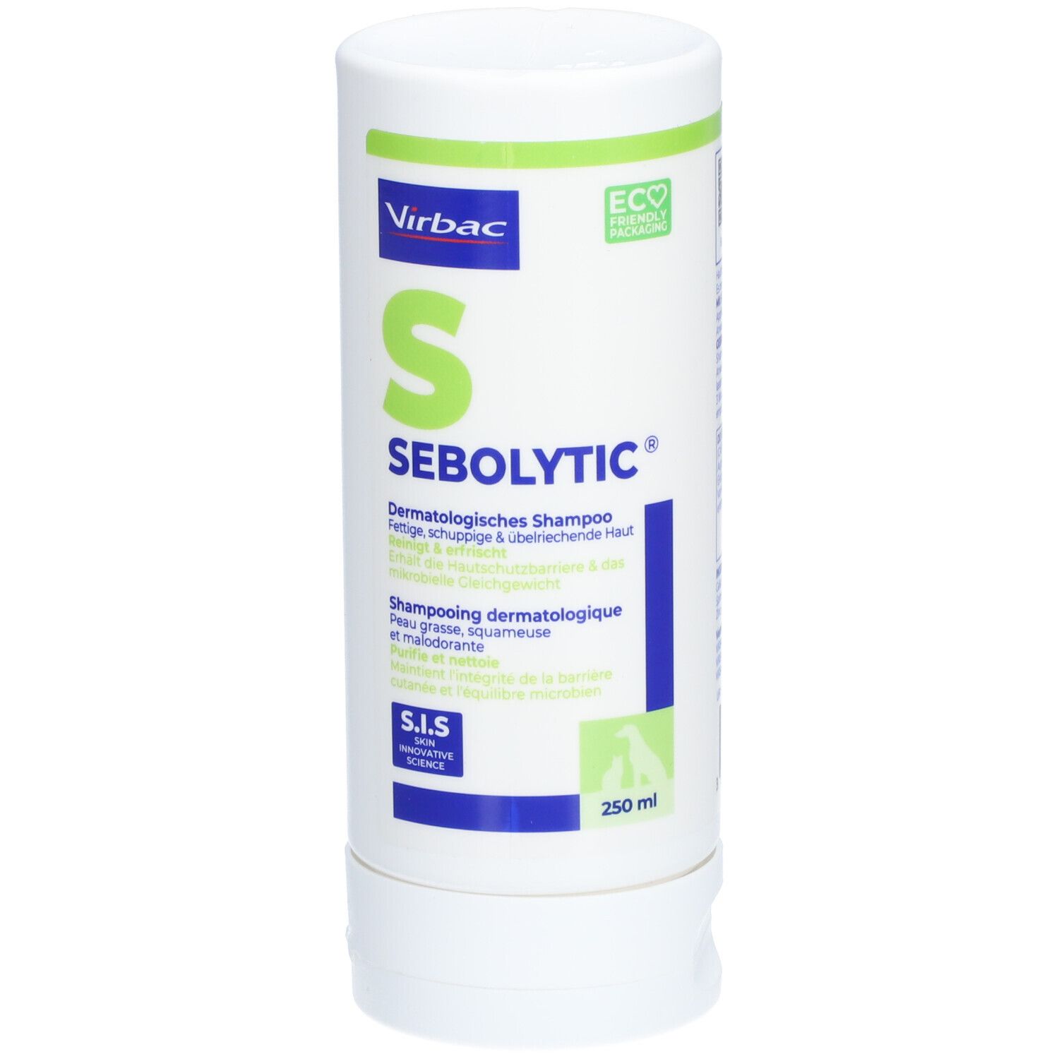 Virbac Sebolytic Shampoo Bouteille avec logo S et sceau ECO.