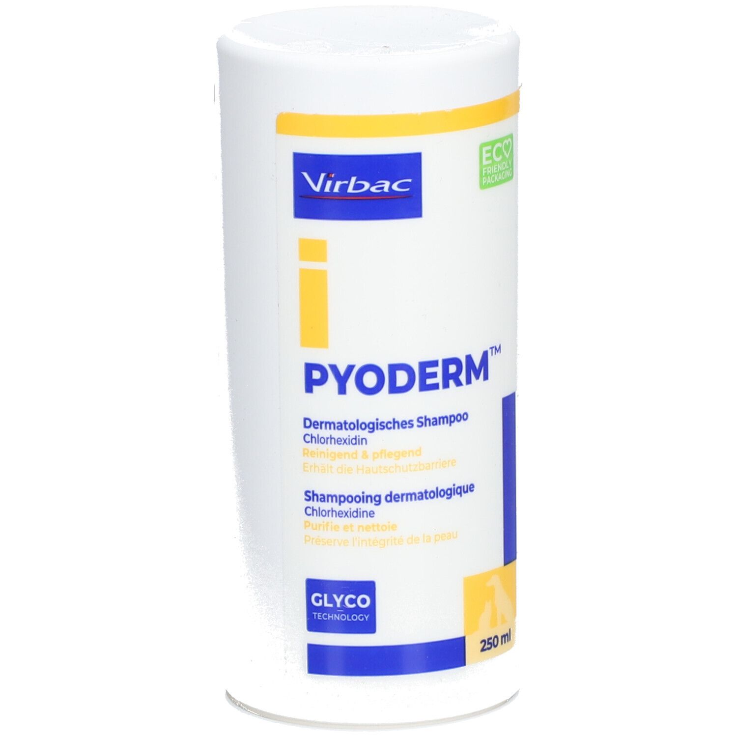 Flacon blanc avec accents jaunes et bleus. Inscription : PYODERM, shampooing dermatologique. Logo Virbac. 250 ml.