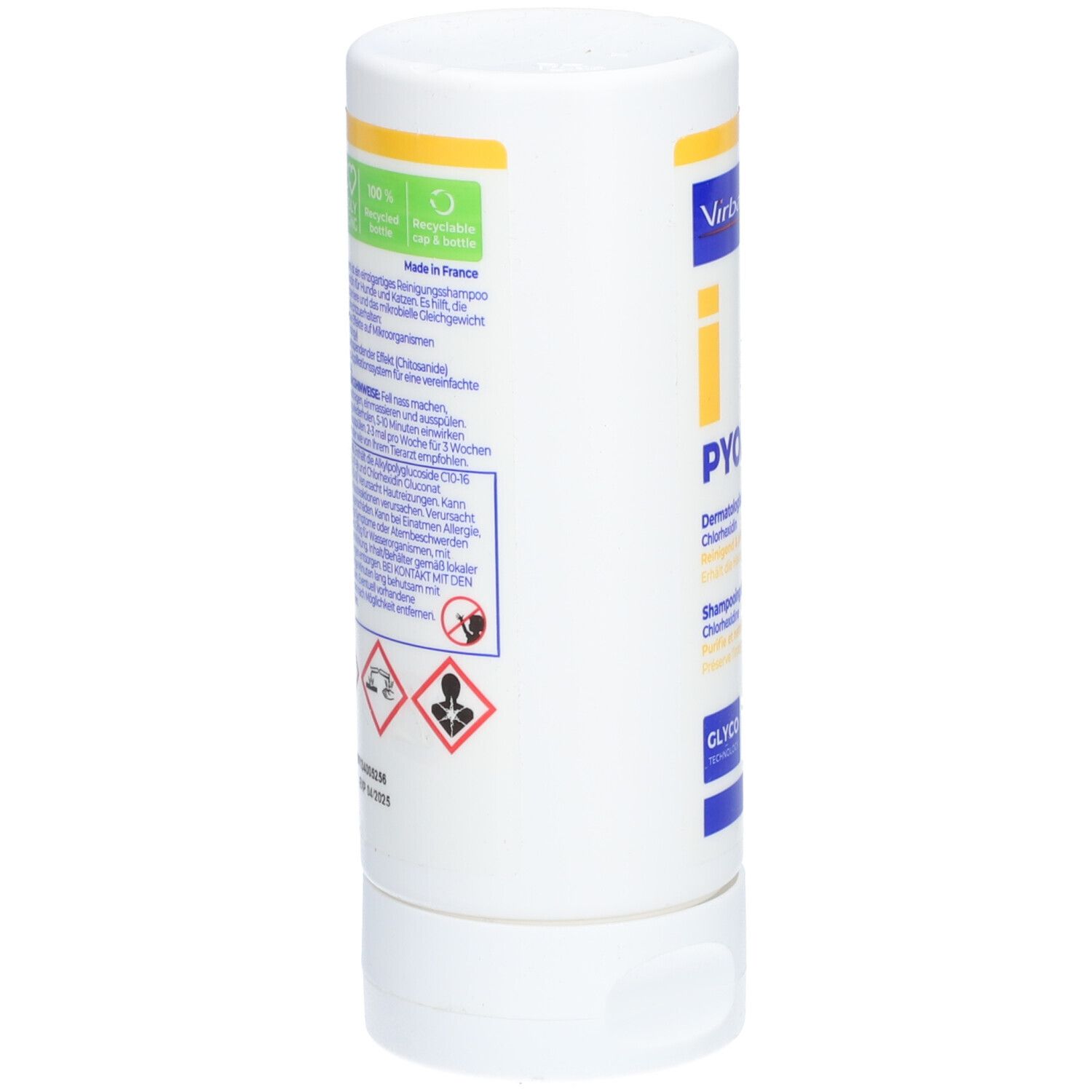Flacon blanc, dos. Texte multilingue. Éco-label. Symboles de danger. Fabriqué en France.