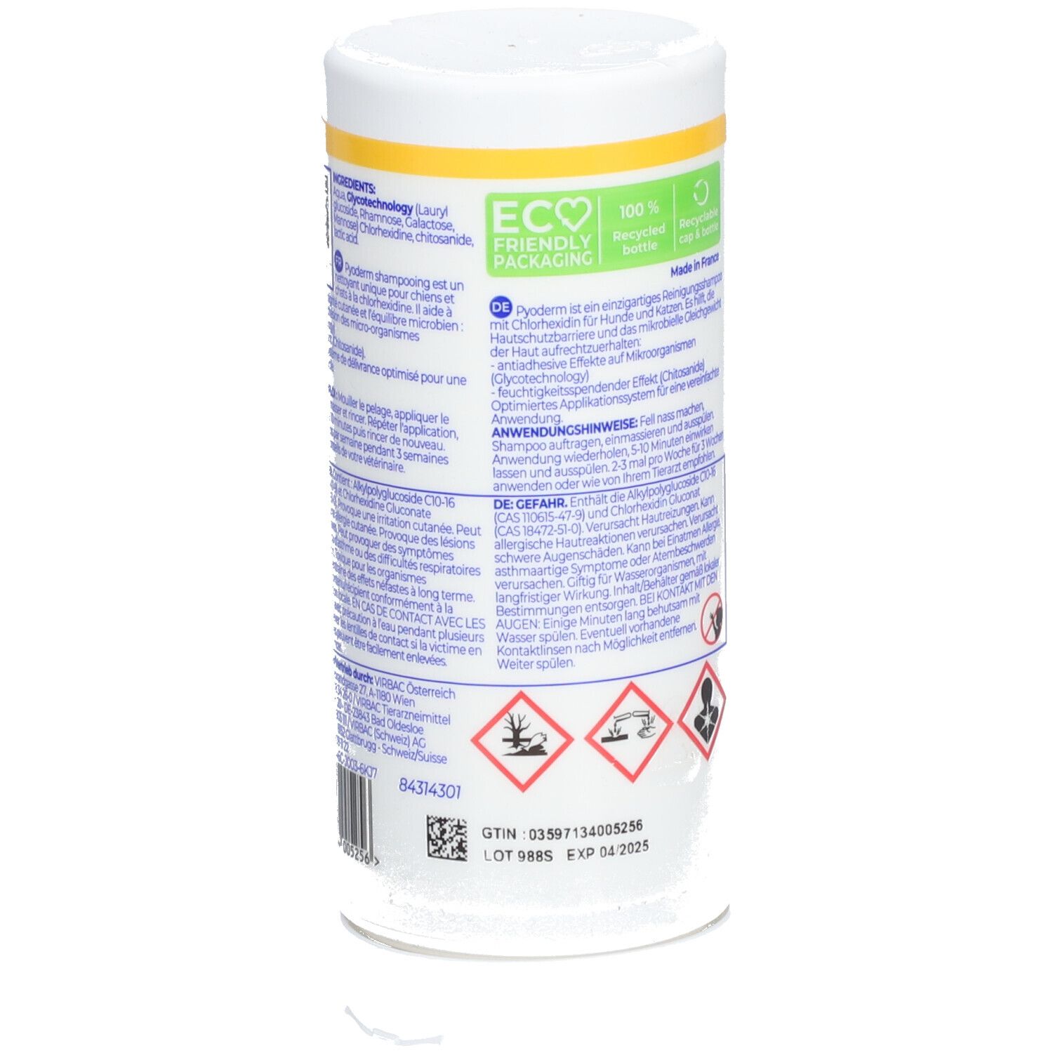 Flacon blanc, dos. Texte multilingue. Éco-label. Symboles de danger. Code QR.