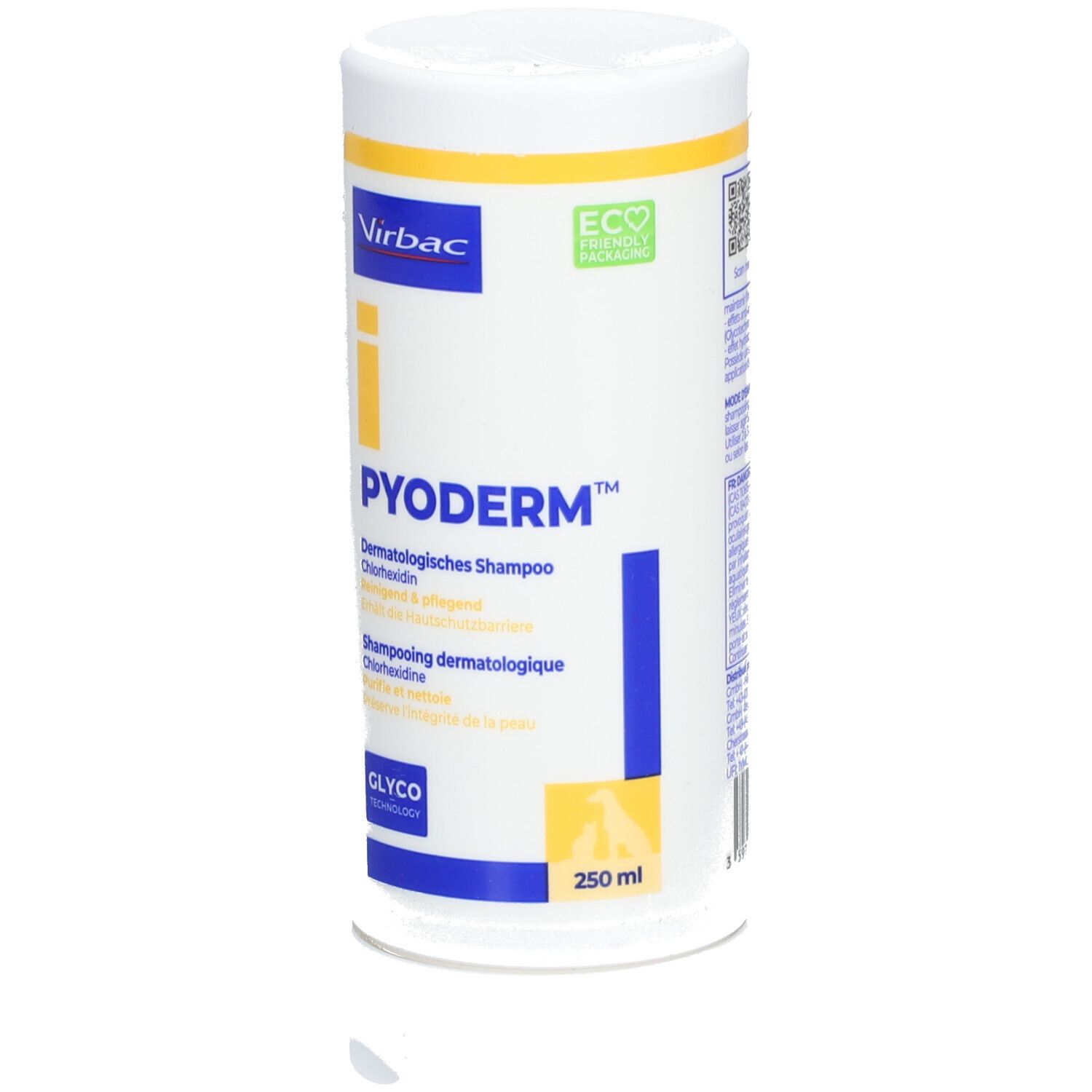Flacon blanc avec accents jaunes et bleus. Inscription : PYODERM, shampooing dermatologique. Logo Virbac. 250 ml.