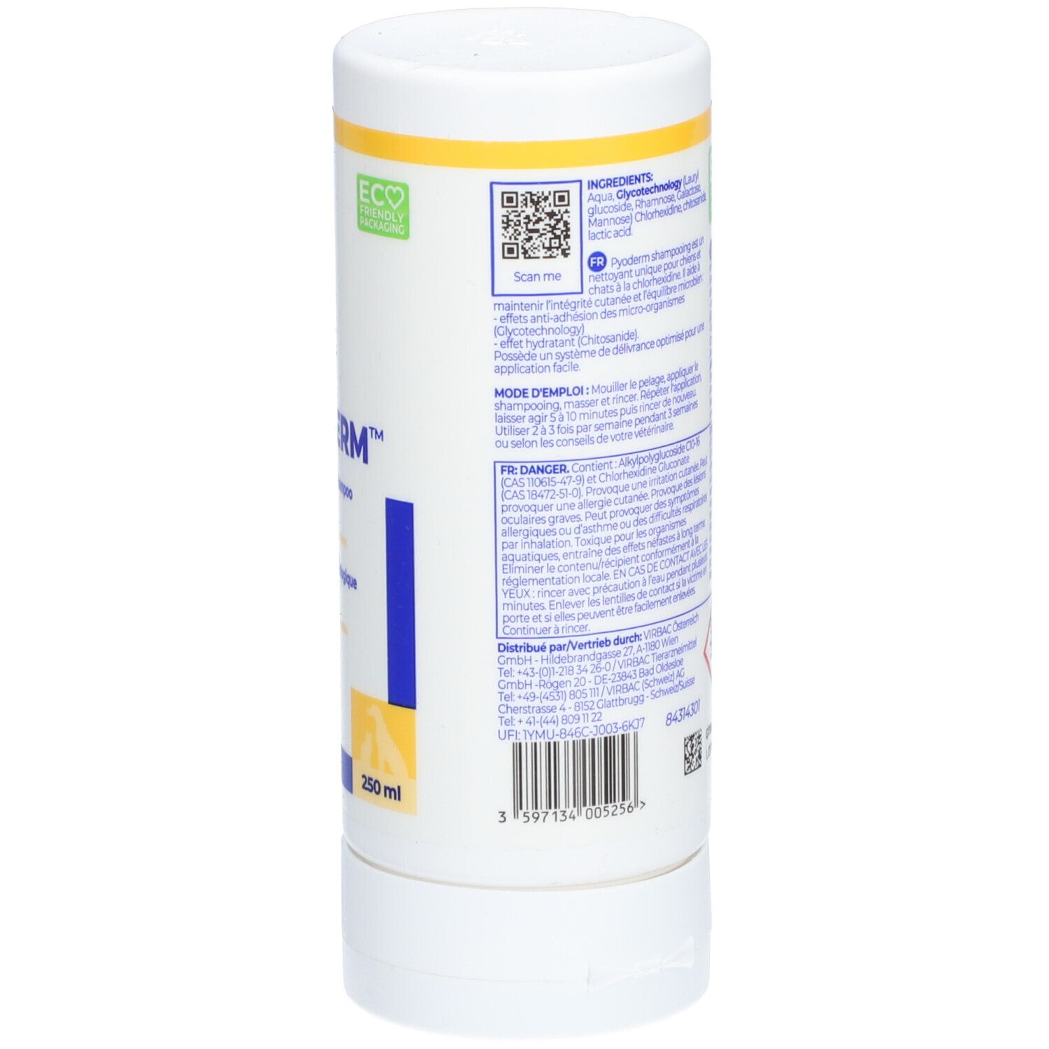 Flacon blanc, dos. Texte multilingue. Code QR. Éco-label. Symboles de danger. Code-barres.