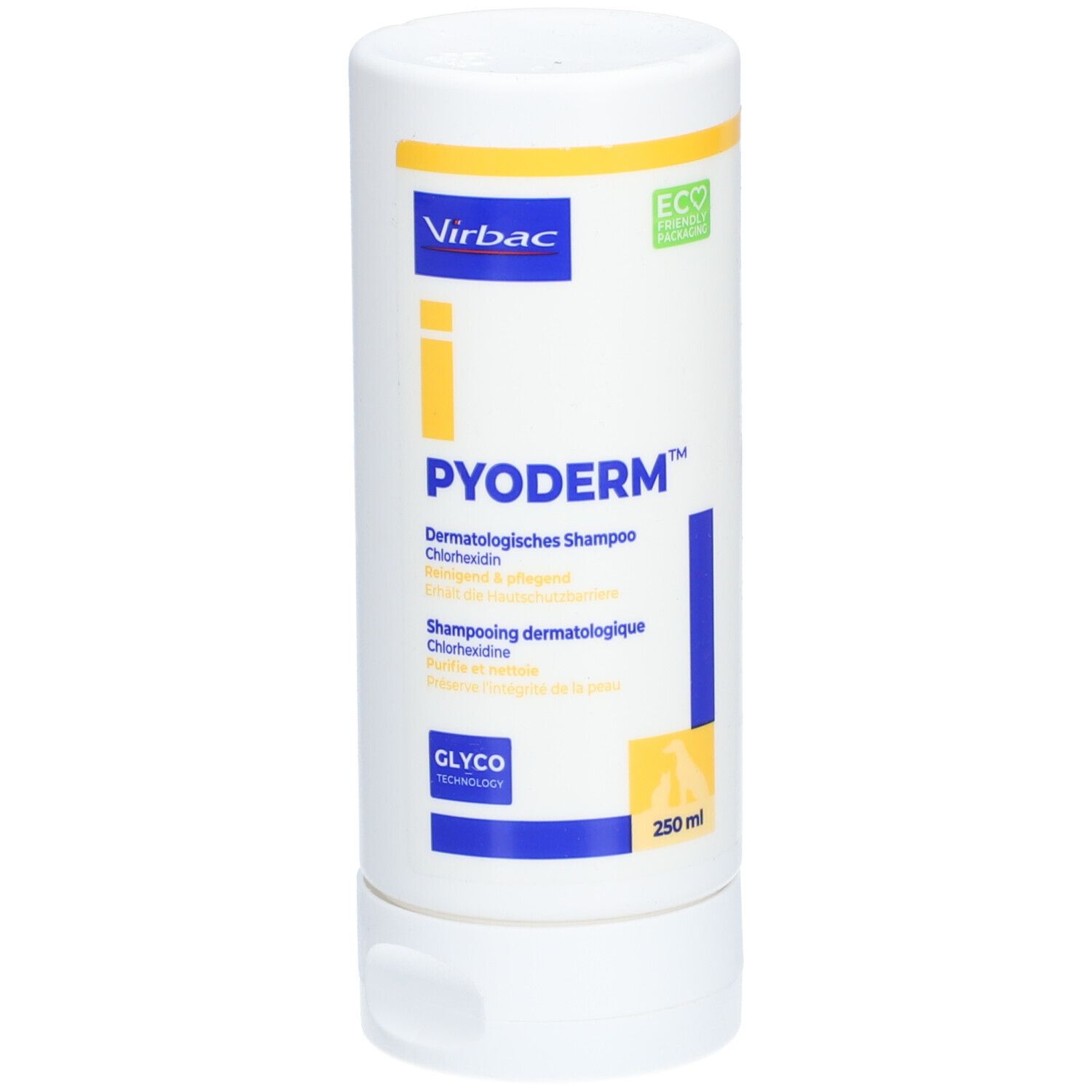 Flacon blanc avec accents jaunes et bleus. Inscription : PYODERM, shampooing dermatologique. Logo Virbac. 250 ml.
