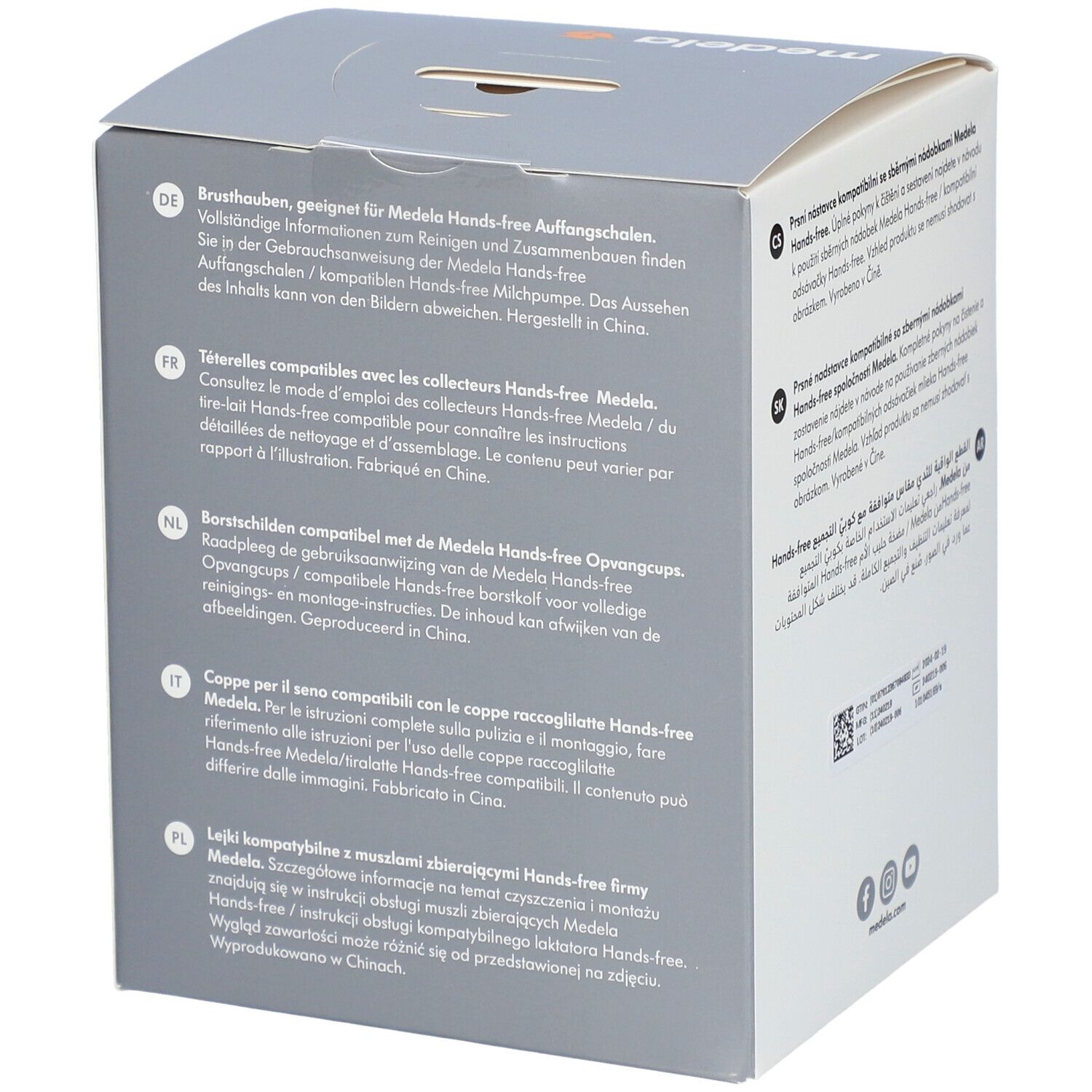 Côté de la boîte de téterelles mains libres Medela. Texte multilingue. Informations sur le nettoyage et la compatibilité.