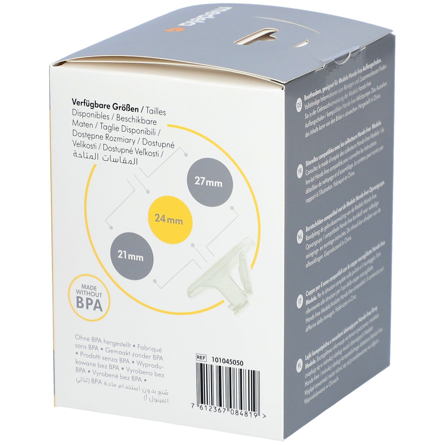 Côté de la boîte de téterelles mains libres Medela. Tailles disponibles : 21 mm, 24 mm, 27 mm. Sans BPA.