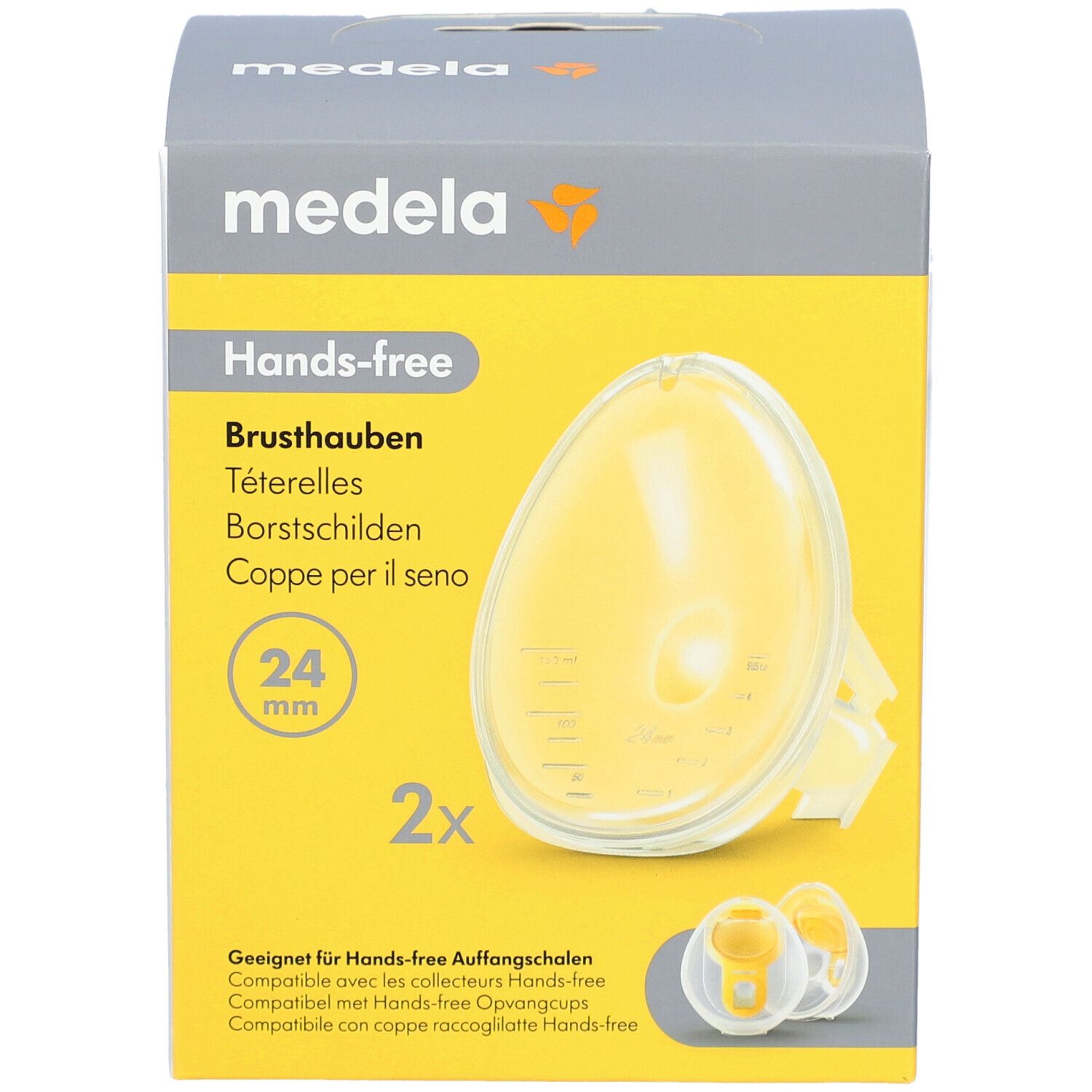 Face avant de la boîte de téterelles mains libres Medela. Téterelles jaunes, 24 mm, 2 pièces. Compatibles. Sans BPA.