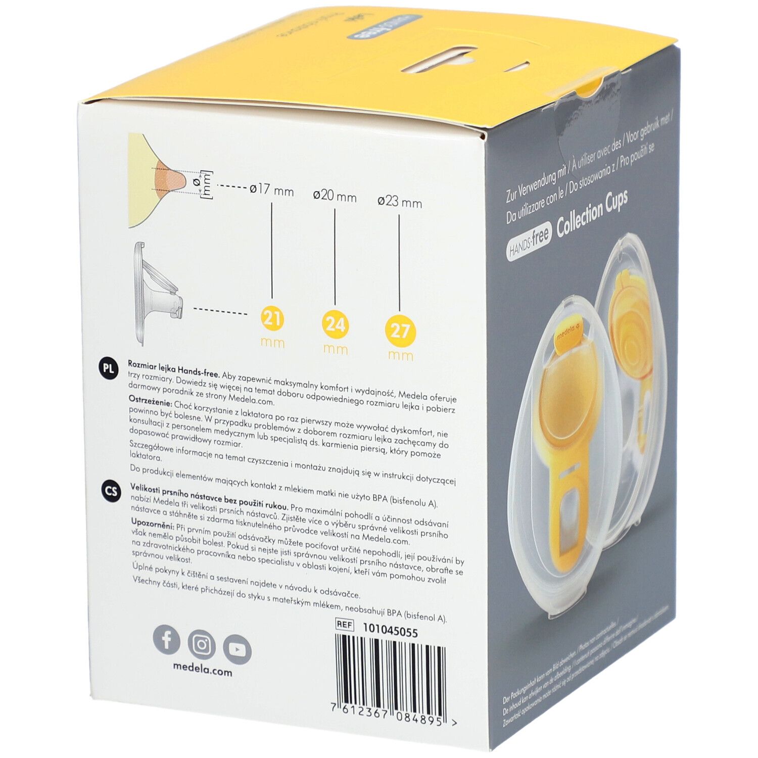 Dos de la boîte jaune avec Collection Cups. Texte en allemand, français, italien, polonais et tchèque. Indications de taille et logo Medela.
