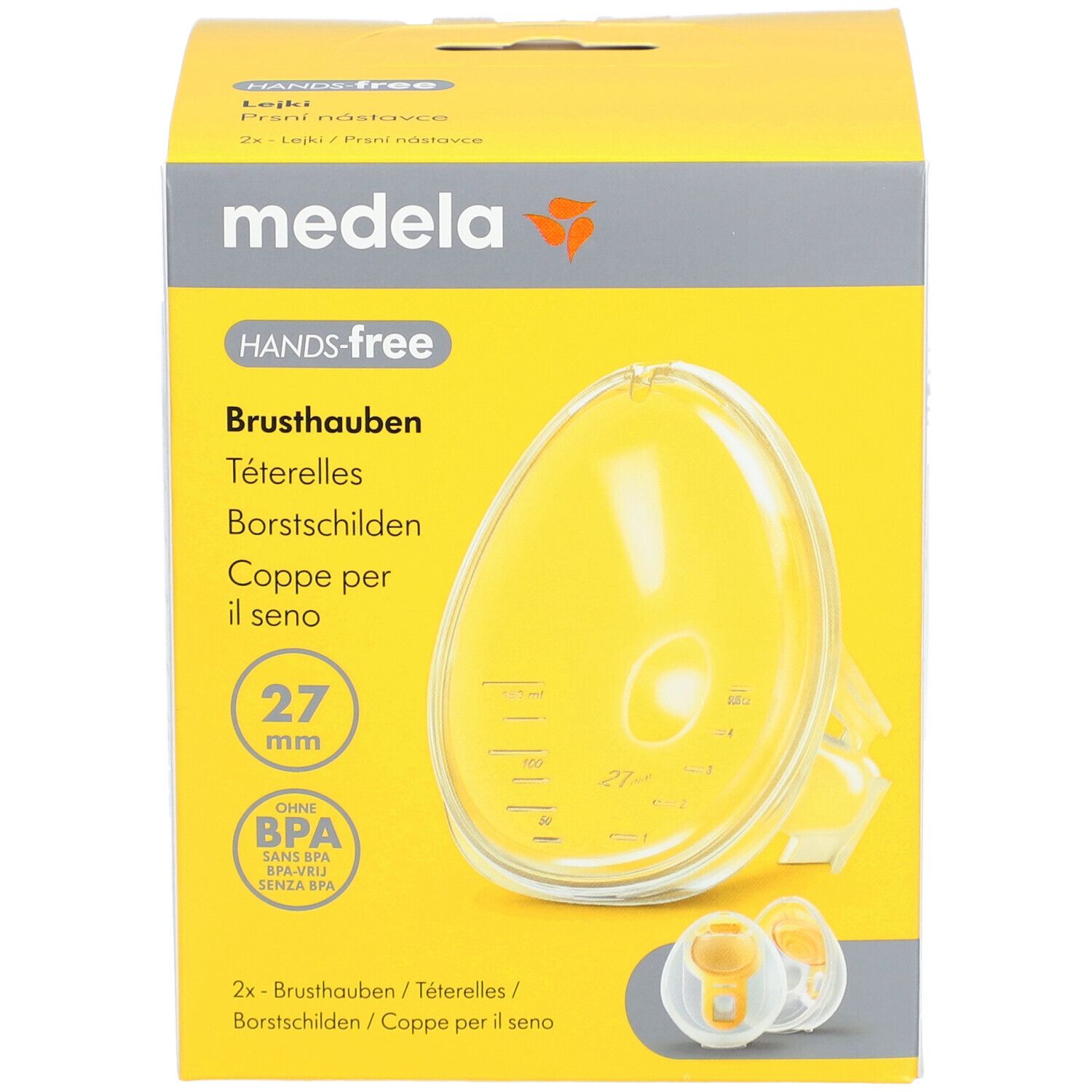 Boîte jaune avec téterelles. Inscriptions : Medela, Hands-free, Téterelles, 27 mm, sans BPA. Deux téterelles sont représentées.