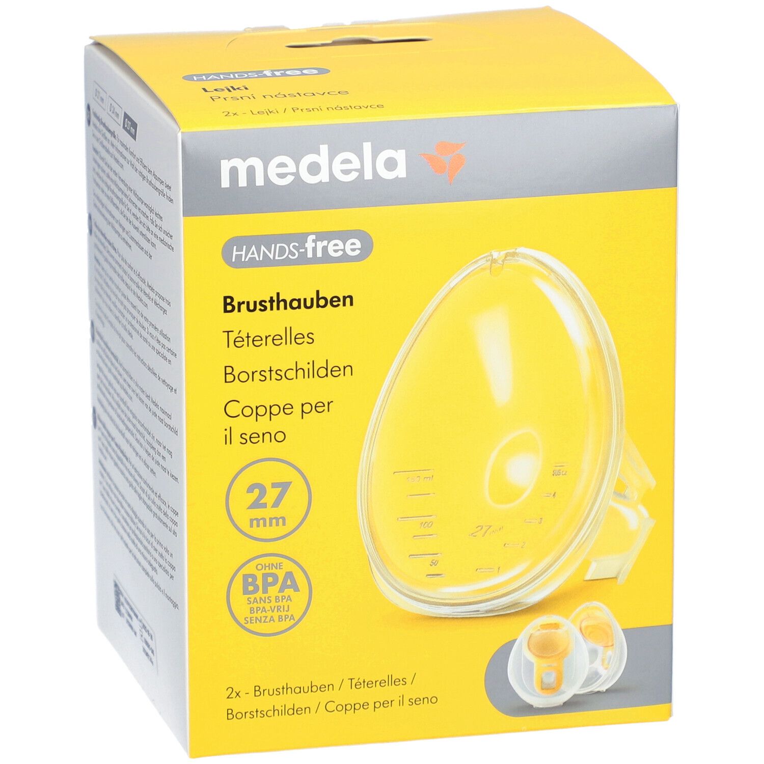 Boîte jaune avec téterelles. Inscriptions : Medela, Hands-free, Téterelles, 27 mm, sans BPA. Deux téterelles sont représentées.