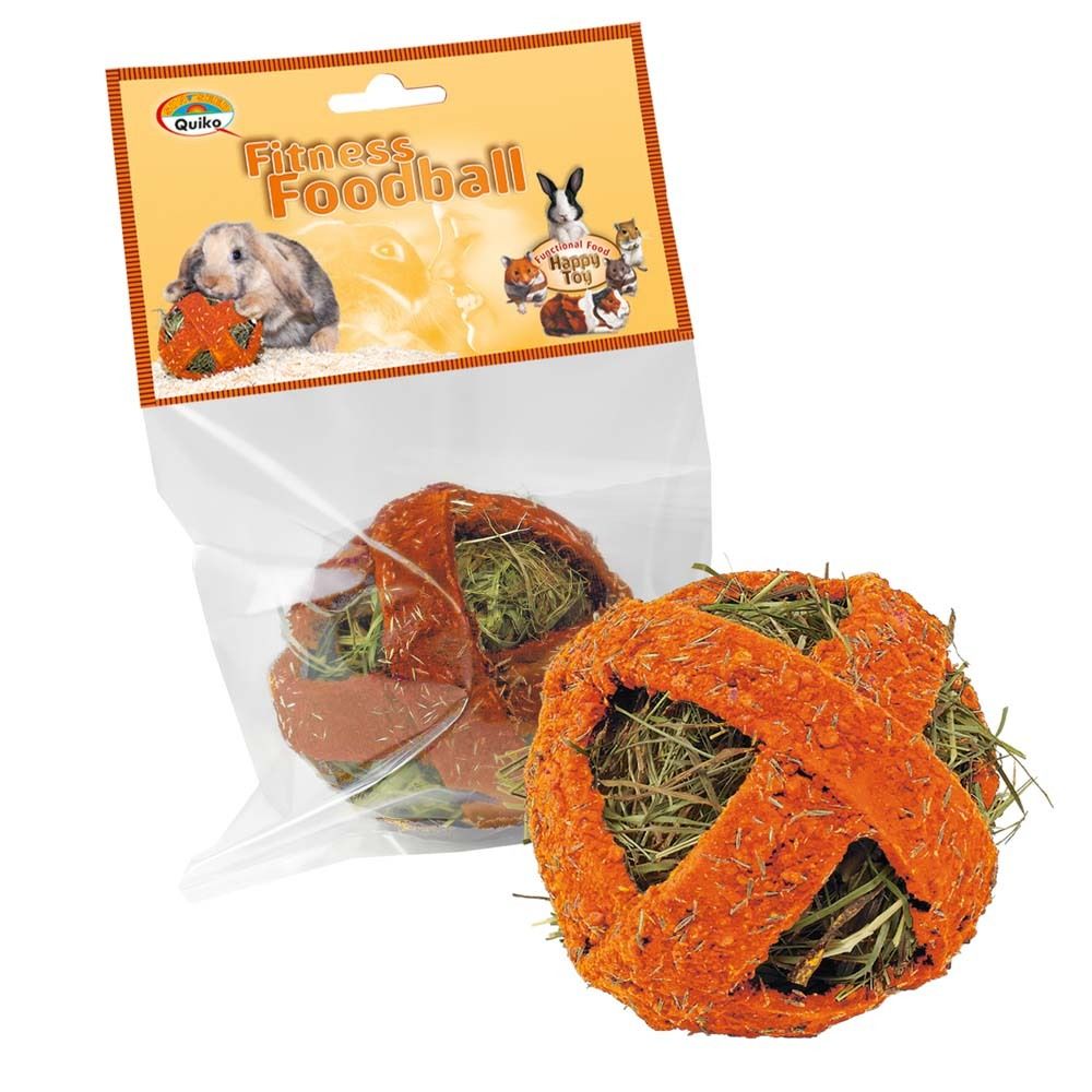 Fitness Foodball Karotte dans un emballage plastique. Boule orange remplie de foin. Marque Quiko.