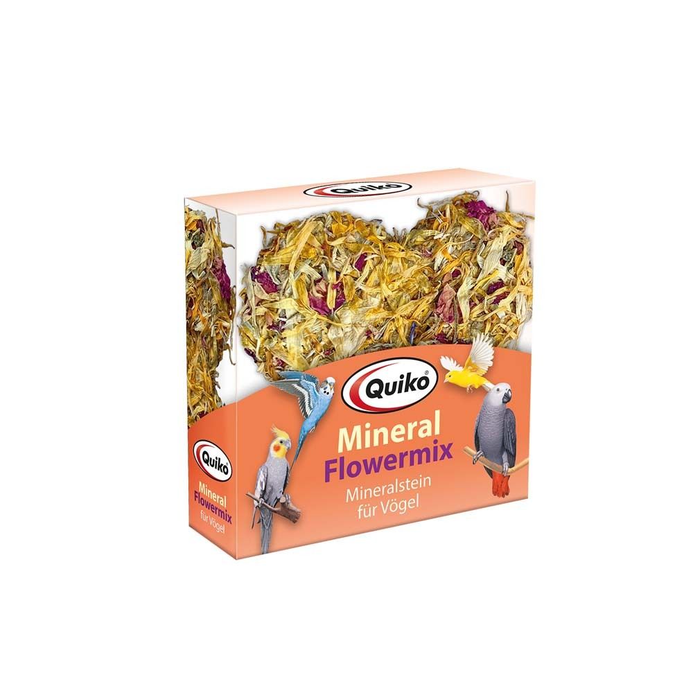 Quiko Mineral Flower-Mix. Boîte en carton avec mélange de fleurs pour oiseaux. Impression avec nom du produit, logo et illustrations d'oiseaux.