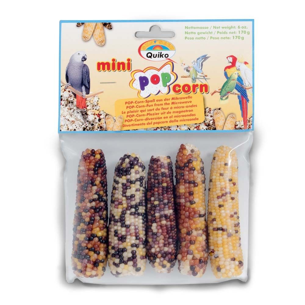 Emballage de six épis de mini-popcorn. Marque Quiko, texte multilingue. Épis multicolores.