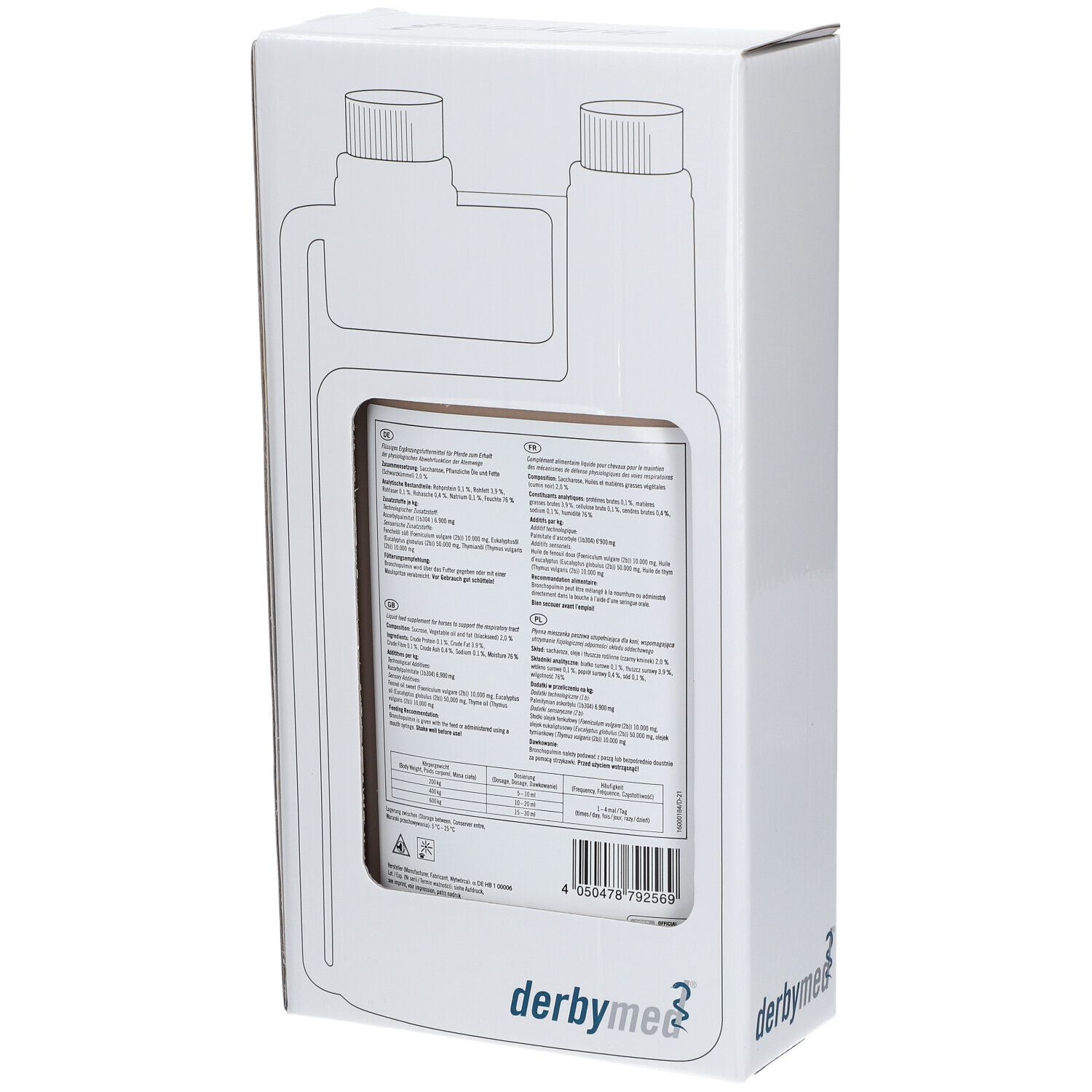 Carton Derbymed Bronchopulmin. Dos avec informations produit et code-barres.