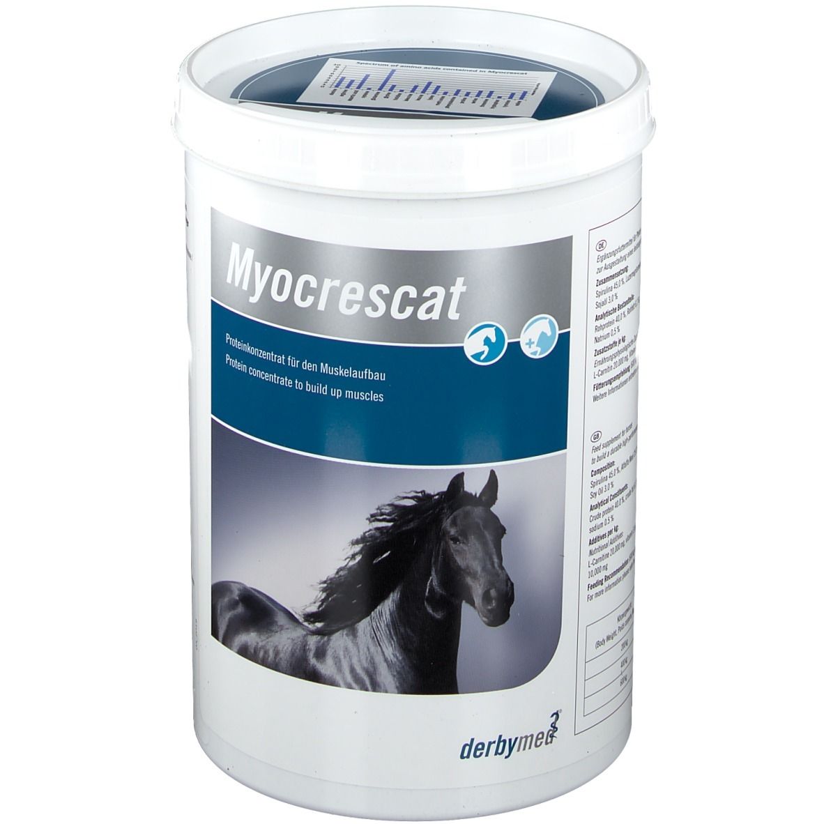 Seau blanc avec l'inscription Myocrescat et un cheval. Concentré de protéines pour la construction musculaire. Marque : derbymed.